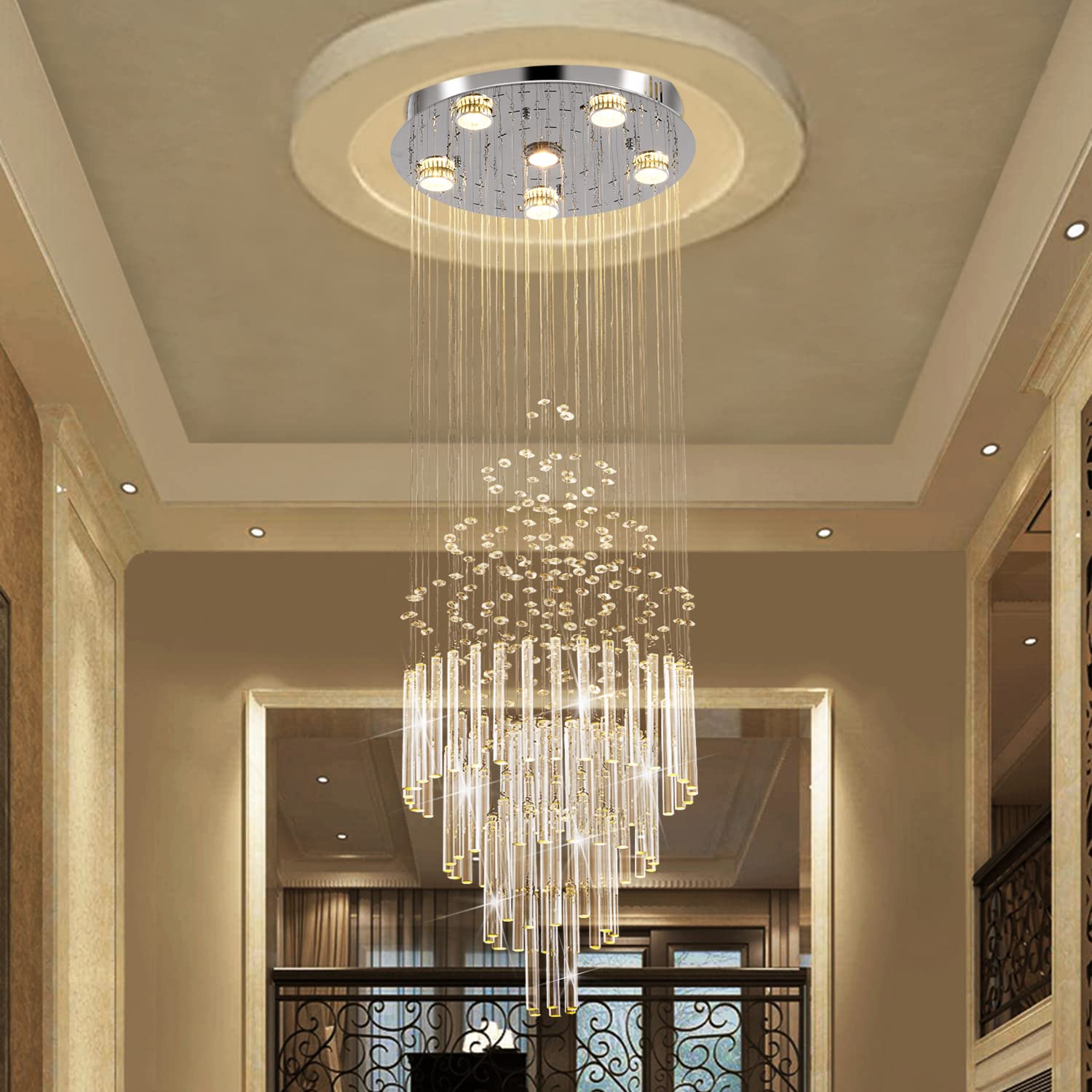 6-Light Flush Mount Crystal Chandelier for High Ceiling - Modern Raindrop Design LED Pendant Light, 15.7