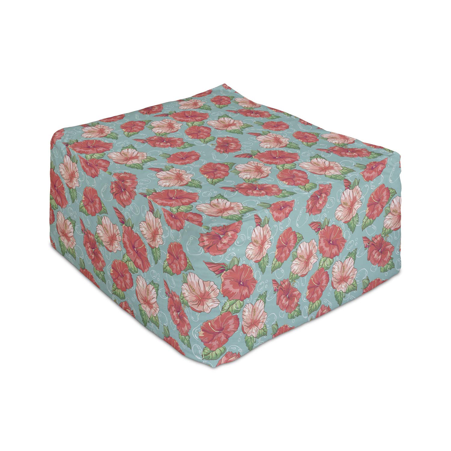 Ambesonne Hibiscus Rectangle Pouf Ottoman - Tropical Flower & Bubble Pattern Foot Rest Stool with Removable Cover, 25