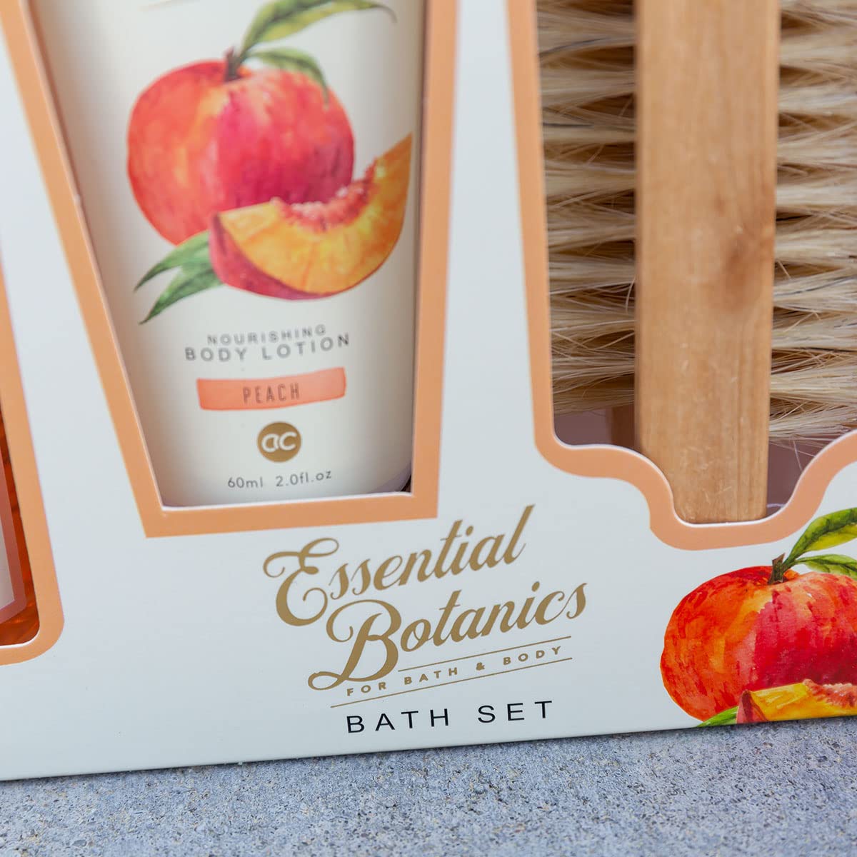 Accentra Essential Botanics Bath & Body Gift Set - Peach Scented Shower Gel, Bubble Bath, Body Lotion & Nail Brush in Elegant Gift Box | Spa Day at Home, Relaxing Self-Care, Birthday & Holiday Present