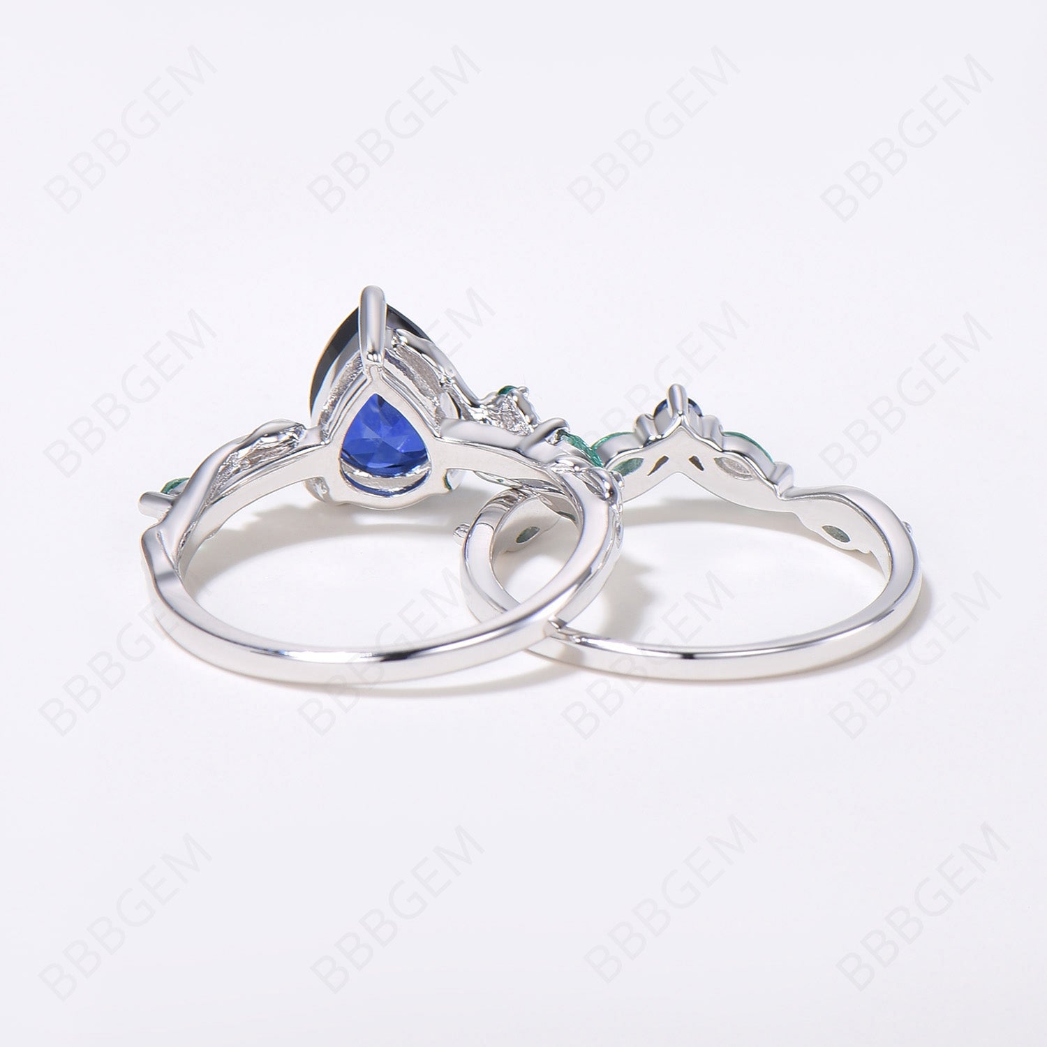 Vintage Nature Inspired Pear Blue Sapphire & Emerald Bridal Ring Set - Twig Leaf Vine Wedding Jewelry, September Birthstone Gift for Her - Perfect for Engagement, Anniversary & Special Occasions