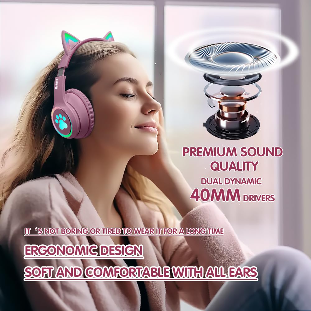 Wireless Bluetooth 5.3 Cat Ear Headphones with LED Lights - 60H Playtime, Foldable Over-Ear Gaming Headset with Mic & 3.5mm Aux - Compatible with PC, TV, Tablet, Laptop, Smartphone - Perfect for Gaming, Music, Work & Travel (Pink)