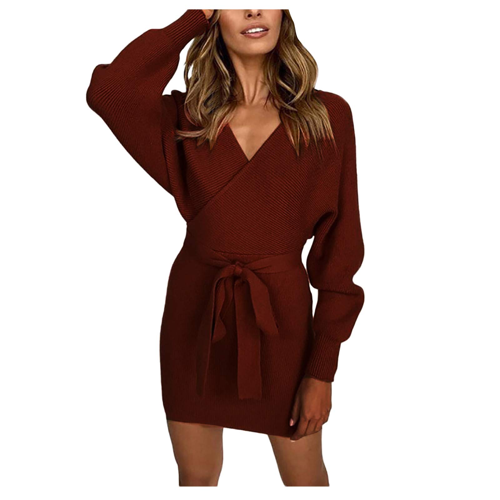 Sexy Women's Belted V-Neck Backless Knit Sweater Dress - Elegant Knitwear for Women, Perfect for Date Night, Party & Evening Outfits