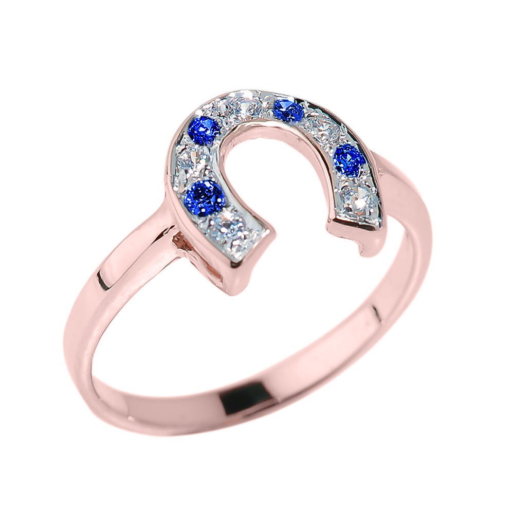 14K Rose Gold Blue & White CZ Lucky Horseshoe Ring for Women - Elegant Jewelry Gift for Birthday, Anniversary & Good Luck Charm