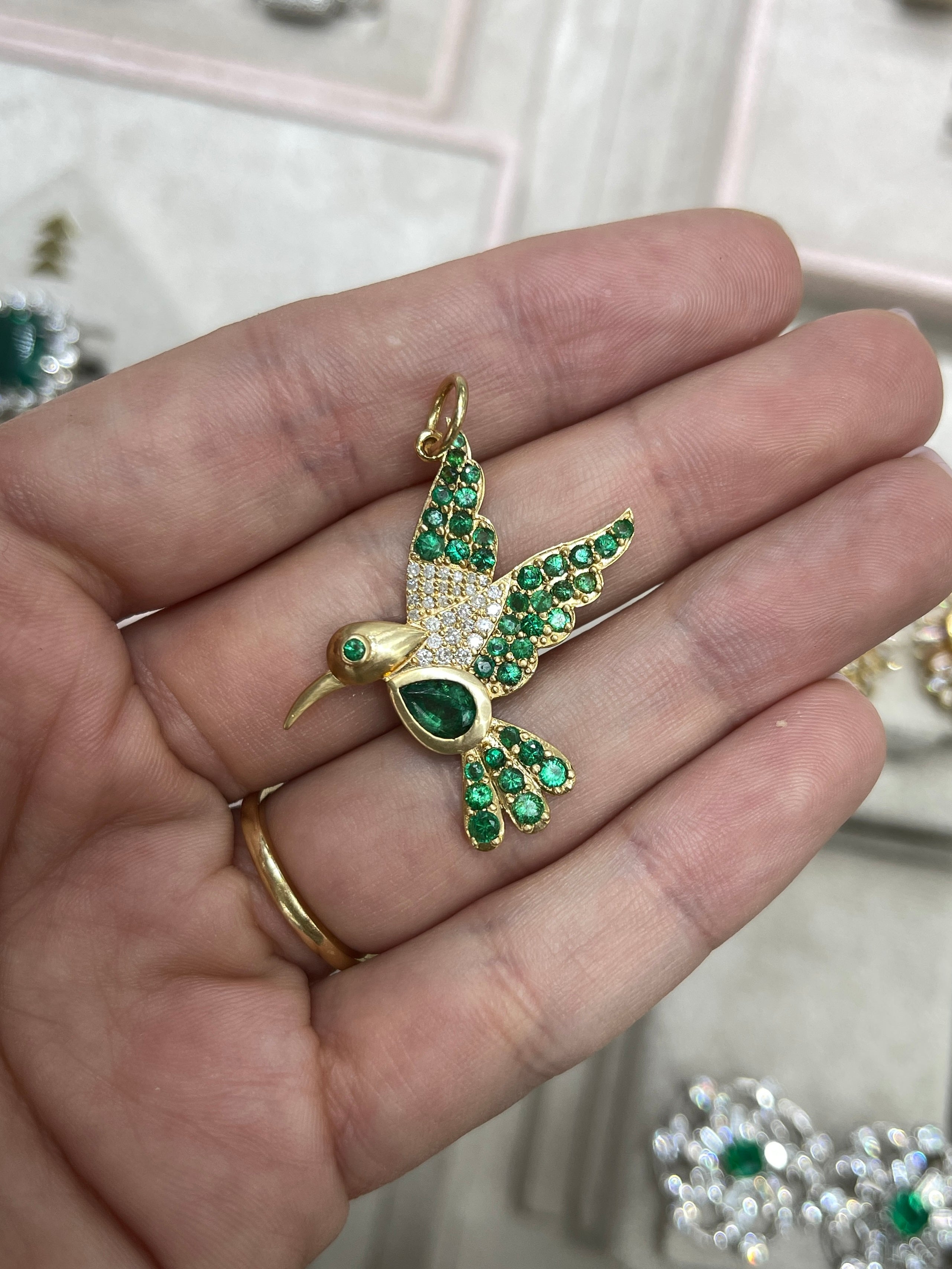 2.16tcw Natural Emerald & Diamond Hummingbird Pendant in 14K Gold - Elegant Jewelry Gift for Women, Perfect for Birthdays, Anniversaries & Special Occasions