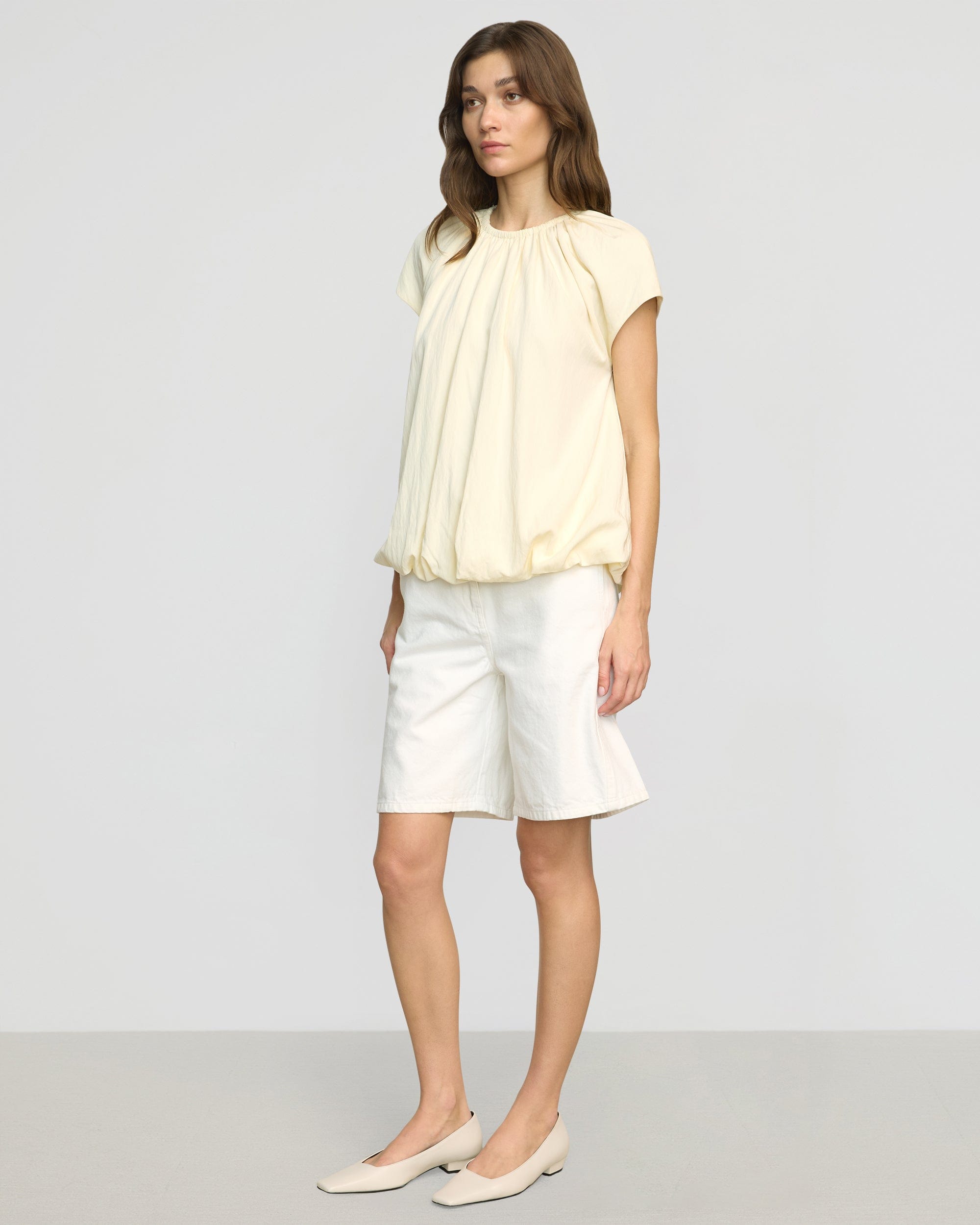 Orinda Women's Shirred Neck Bubble Hem Blouse - Elegant Flowy Top for Casual Wear, Office & Date Night | Plus Size & Petite Options Available