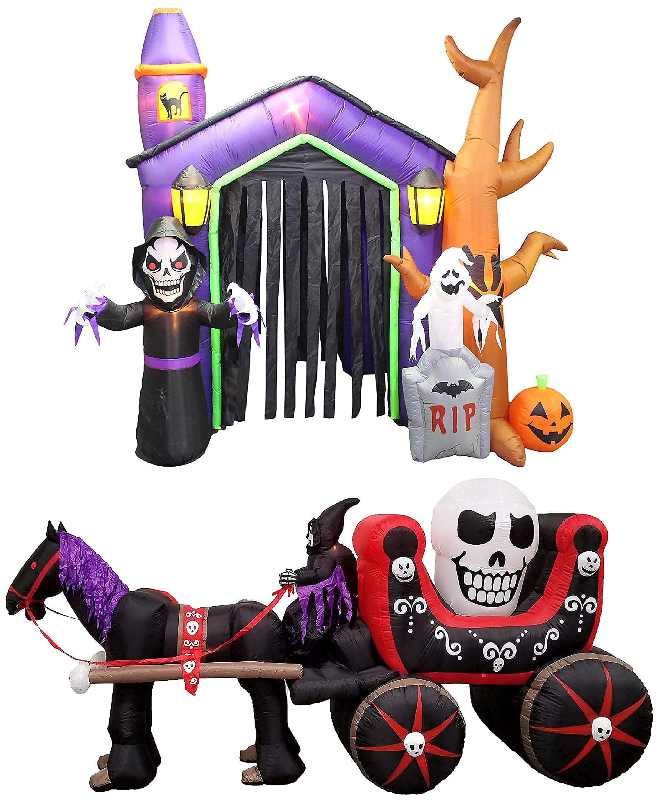 Jumbo Halloween Party Decorations Bundle - 8.5ft Inflatable Haunted House & 12ft Skeleton Carriage with Lights for Indoor/Outdoor Decor | Spooky Yard Haunt, Halloween Party Setup, Trick-or-Treat Display