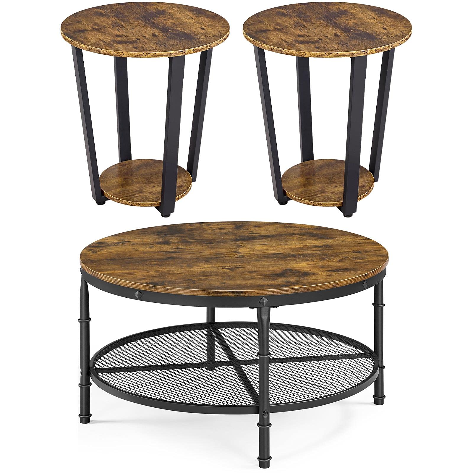 Yaheetech 3-Piece Rustic Coffee Table and End Table Set - Sturdy & Durable Wooden Living Room Furniture with Easy Assembly in Rustic Brown - Perfect for Small Spaces, Apartments and Cozy Home Decor