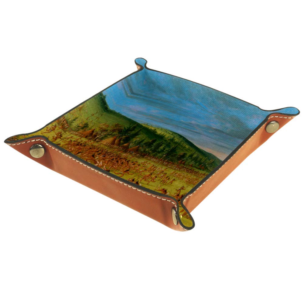 Premium AISSO Leather Valet Tray with Native American Indian Art - Jewelry Organizer Box for Watches, Keys, Wallets & Coins | Stylish Desktop Storage for Office & Home Use
