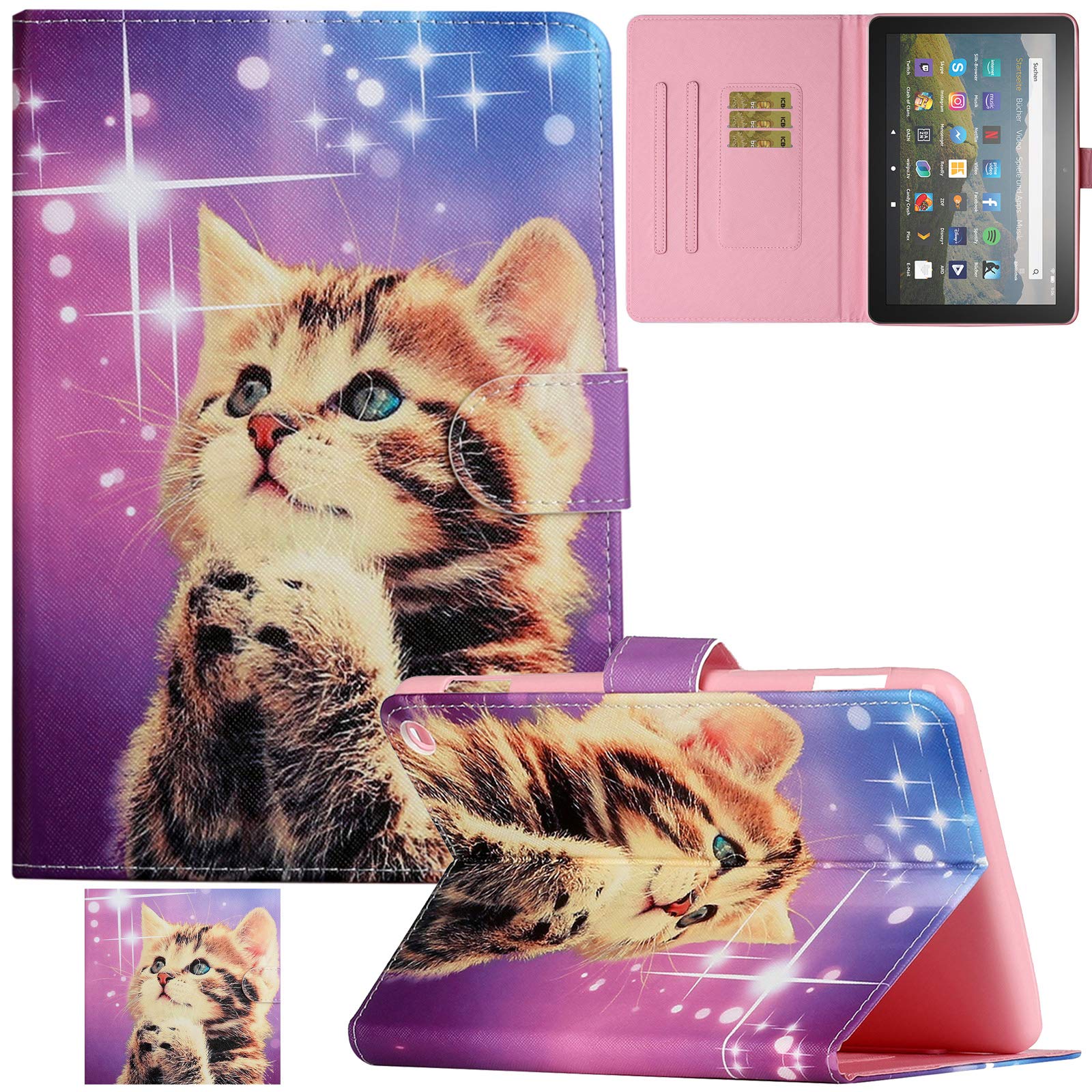 Premium PU Leather Case for Kindle Fire HD 8/HD 8 Plus (10th/12th Gen 2020-2024) - Auto Sleep/Wake, Card Slots & Foldable Stand | Perfect for Reading, Travel & Work (Star Cat Design)