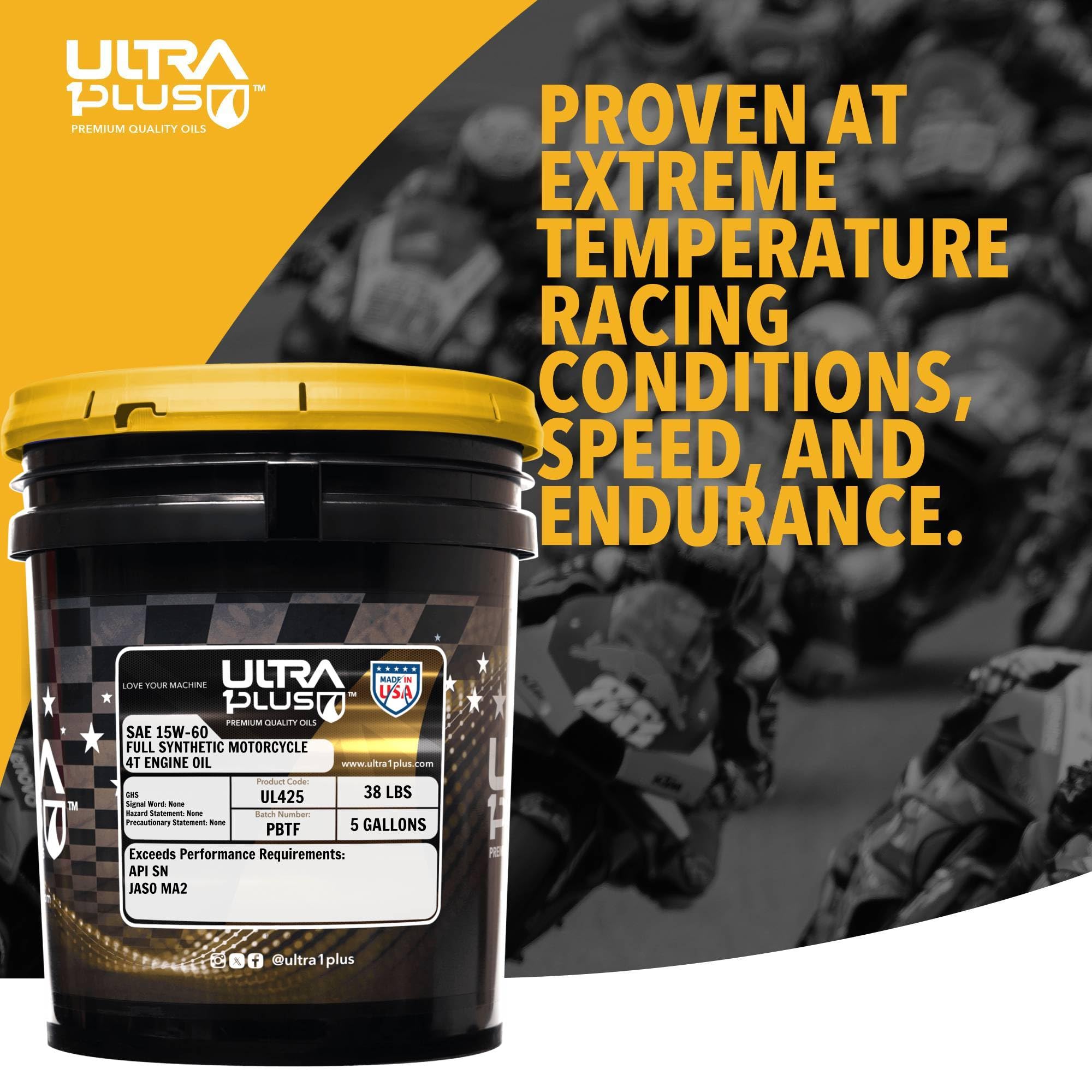 Ultra1Plus SAE 15W-60 Full Synthetic 4T Motorcycle Engine Oil - API SN JASO MA2 Certified - 5 Gallon Pail for High-Performance Bikes, Dirt Bikes & ATVs - Ideal for Racing, Off-Road & Extreme Temperature Conditions