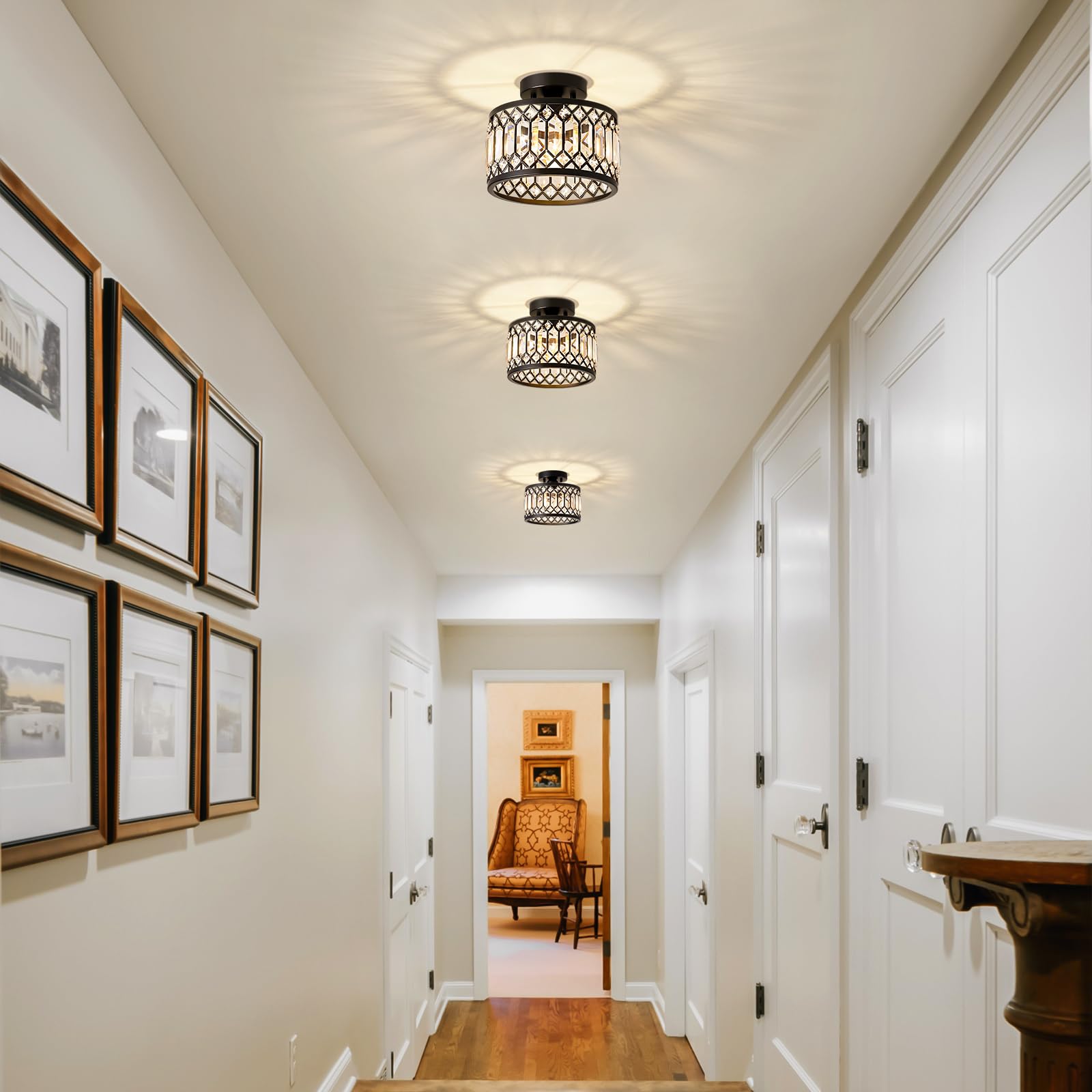 Modern Crystal Black Ceiling Light - 9 Inch Round Semi Flush Mount Lighting Fixture for Kitchen, Bedroom, Hallway & Entryway - Elegant 1-Light Design for Home & Office Decor