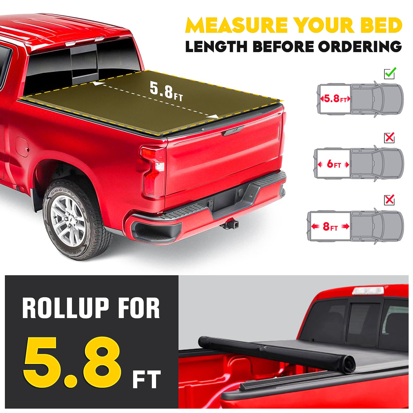 Soft Roll Up Truck Bed Tonneau Cover for Chevrolet Silverado 1500 & GMC Sierra 1500 (2014-2018) | 5.8FT Fleetside Bed | Waterproof & Durable | Perfect for Camping, Road Trips & Cargo Protection