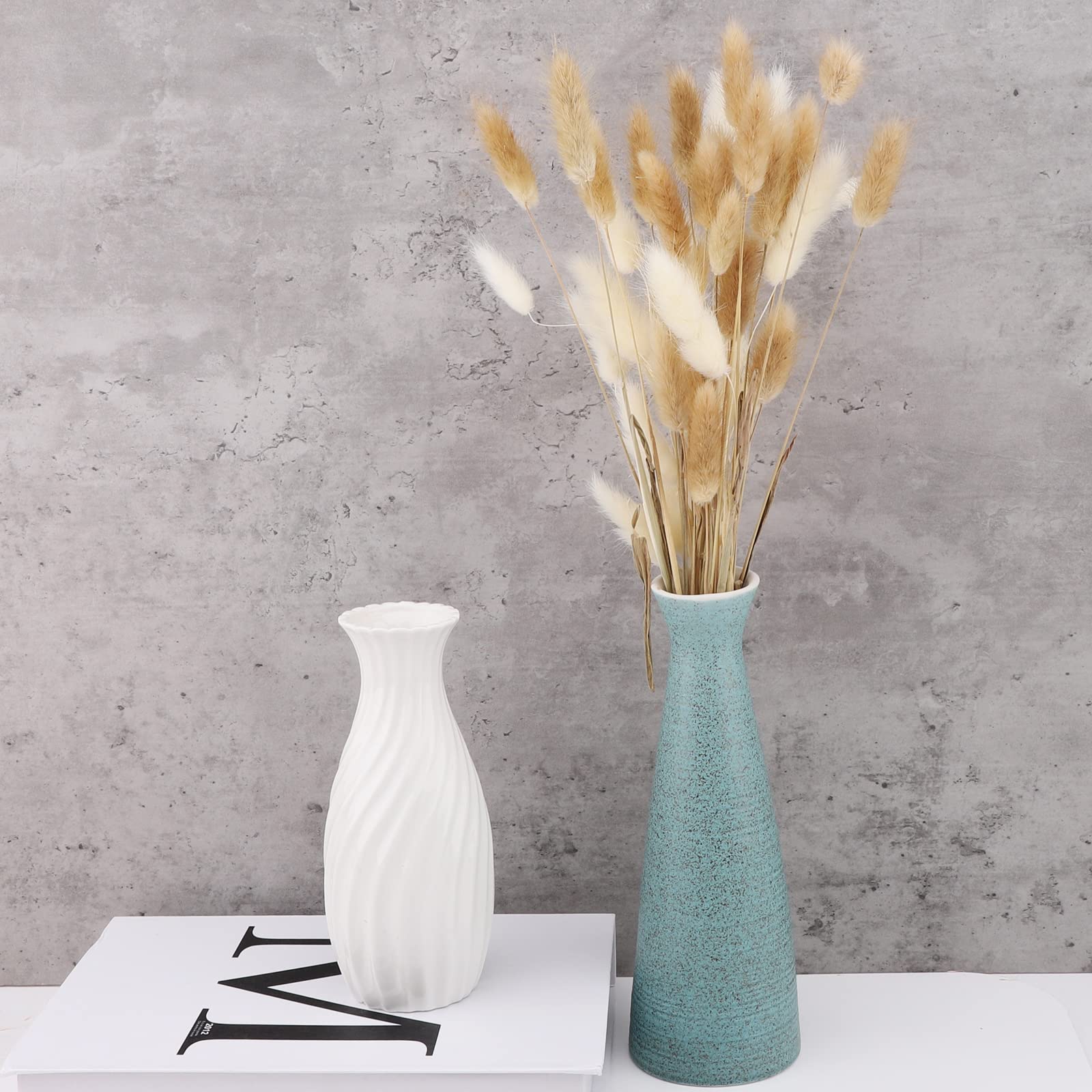 50 Pcs 17.7 Inches White & Pink Artificial Lagurus Bunny Tails Grass - Dried Pampas Grass Bouquet for Boho Home Decor, Wedding Centerpieces, Table & Bedroom Decoration - Fluffy Rabbit Tail Flowers for Rustic & Farmhouse Style