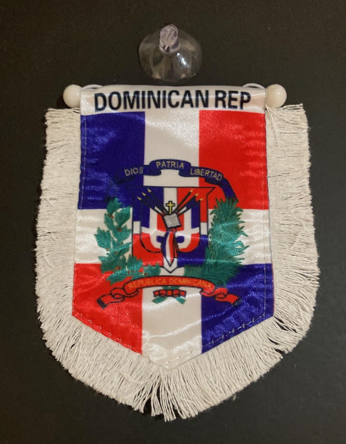 Dominican Republic Car Flag - Rearview Mirror Hanging Accessory with White Trim | Patriotic DR Flag Decor for Vehicles | Perfect for Travel, Sports Events & National Pride Displays