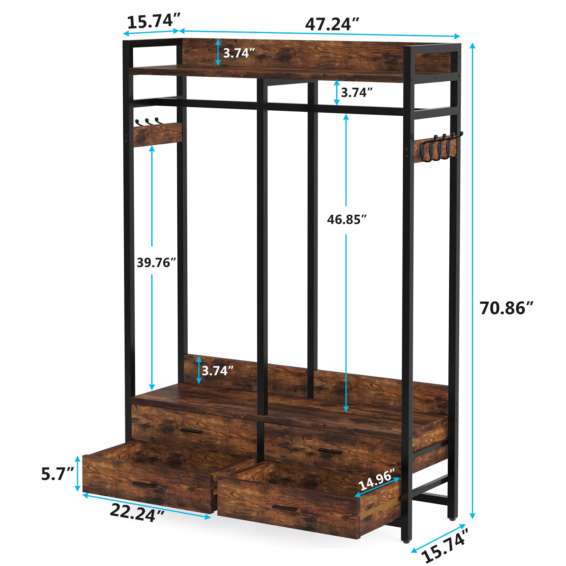 Tribesigns Heavy Duty Freestanding Closet Organizer - Garment Rack with 4 Drawers, 8 Hooks & Storage Shelves - Rustic Brown Wardrobe for Hanging Clothes - Perfect for Bedroom, Living Room & Walk-in Closet Organization