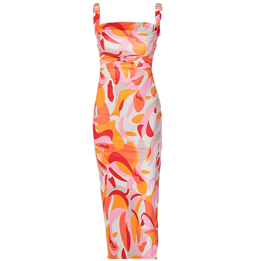 Sexy Floral Ruched Bodycon Dress for Women - Spaghetti Strap Sleeveless Midi Dress for Party, Club & Evening Wear | Perfect for Date Night, Cocktail Events & Summer Outings