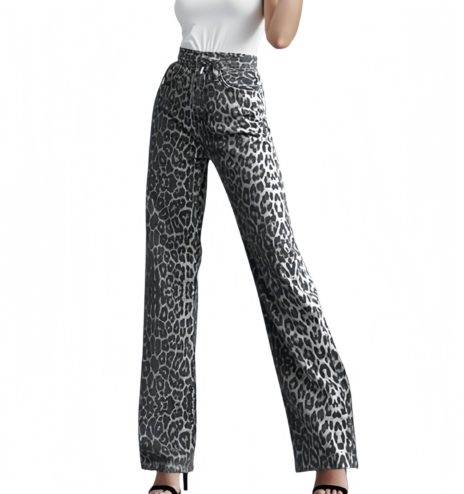 Women's Leopard Print High Waisted Baggy Jeans - Cheetah Animal Print Straight Leg Pants for Streetwear & Grunge Fashion | Perfect for Casual Outings, Concerts and 90s Retro Style