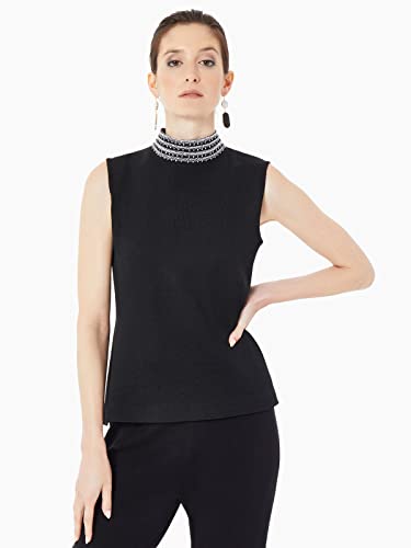 Black/New Ivory (Mock Neck Embroidered Trim Knit Tank Top)
