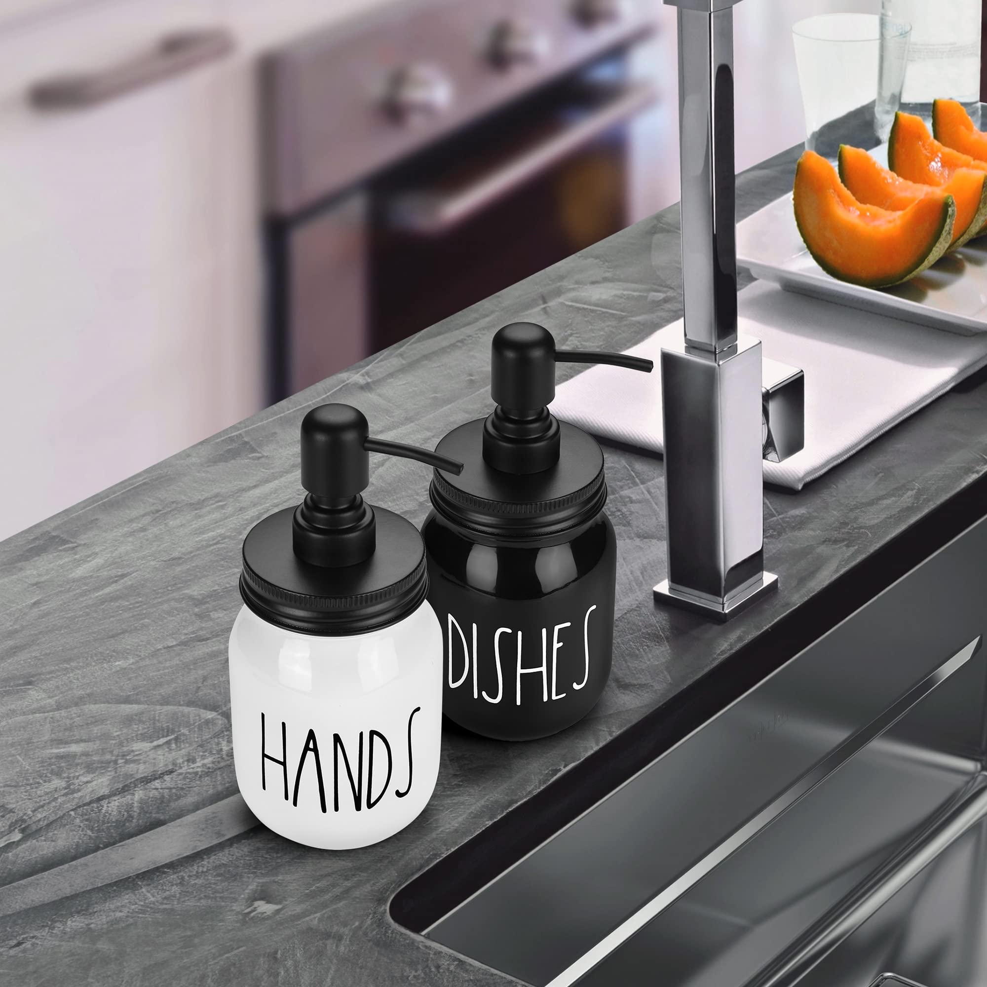 Brighter Barns Mason Jar Soap Dispenser Set - Farmhouse Kitchen Decor in Black/White - Glass Hand & Dish Soap Dispenser for Kitchen Sink - Perfect for Rustic and Modern Home Kitchens