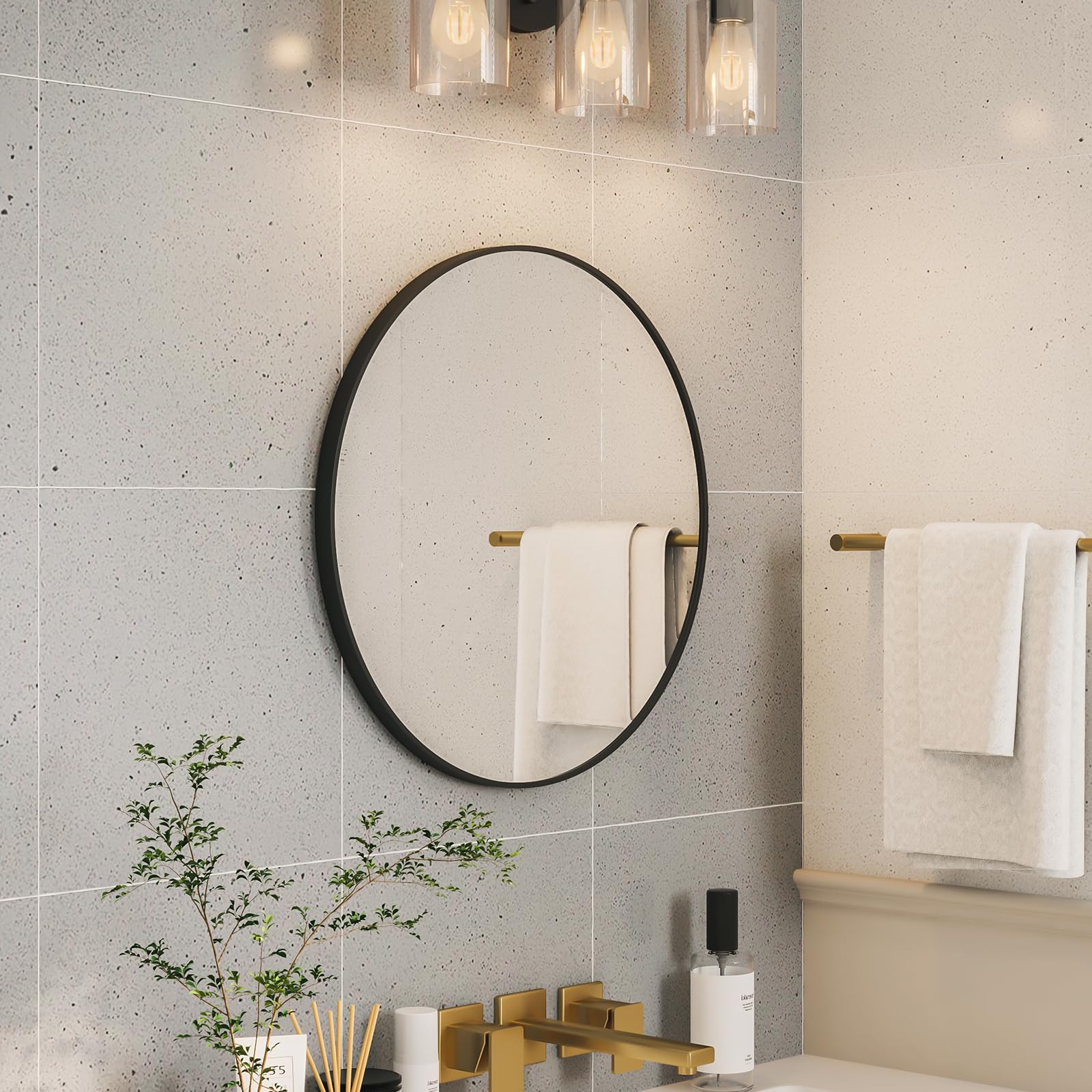 Growsun 28 Inch Black Round Wall Mirror - Modern Circle Bathroom & Living Room Decor - Perfect for Vanity, Entryway, and Bedroom Decorating