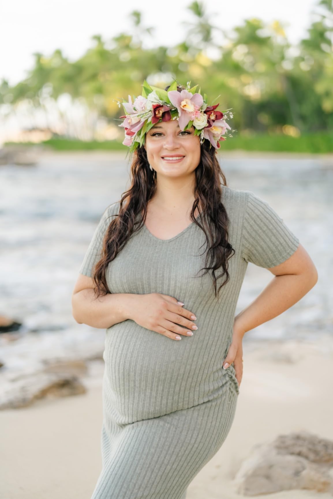 V-Neck Side Ruching Knit Ribbed Maternity Bodycon Dress - Stretchy Pregnancy Dress for Baby Showers, Bridal Showers & Special Occasions