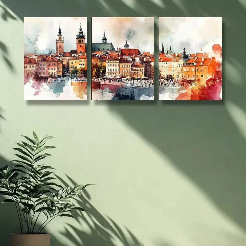 3pcs Watercolor Painting of Warsaw, Poland - Metal Wall Art Prints Ready to Hang - Perfect for Home Decor, Office & Gift Giving