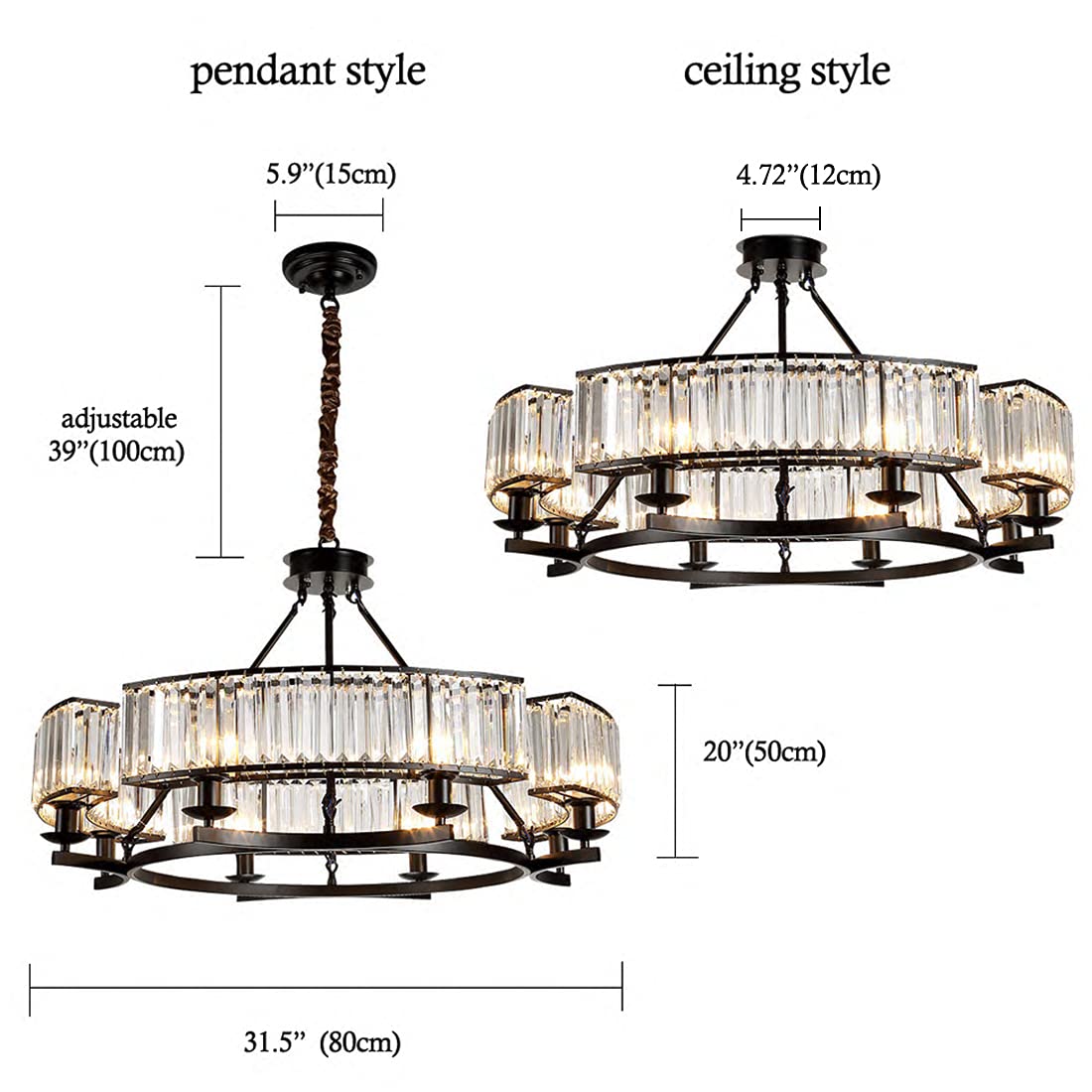Farmhouse Crystal Chandelier - Black Dining Room Pendant Light with K9 Crystals for Living Room, Foyer & High Ceilings | Elegant Lighting for Rustic Home Decor, Wedding Venues & Luxury Dining Areas
