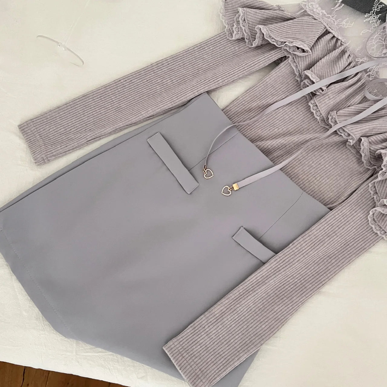 Elegant Women's Grey Patchwork Lace Ruffle Edge Long Sleeve Knit Top & High Waist Slim Short Skirt 2-Piece Set for Fall Winter Fashion | Office Wear & Date Night Outfits