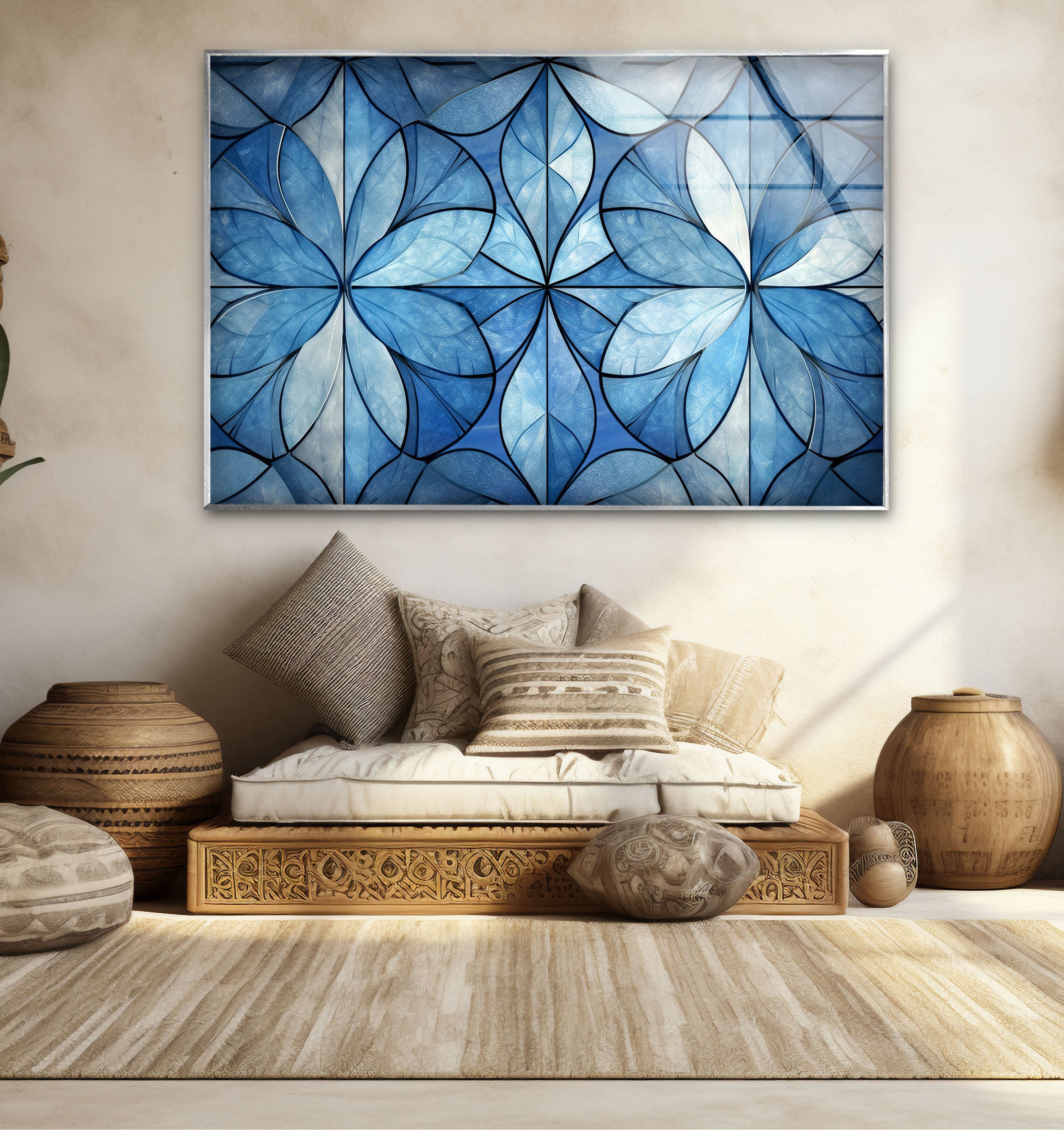 Blue Floral Geometric Wall Art - Modern Glass Panel with Elegant Petal Design for Home Decor, Living Room & Office