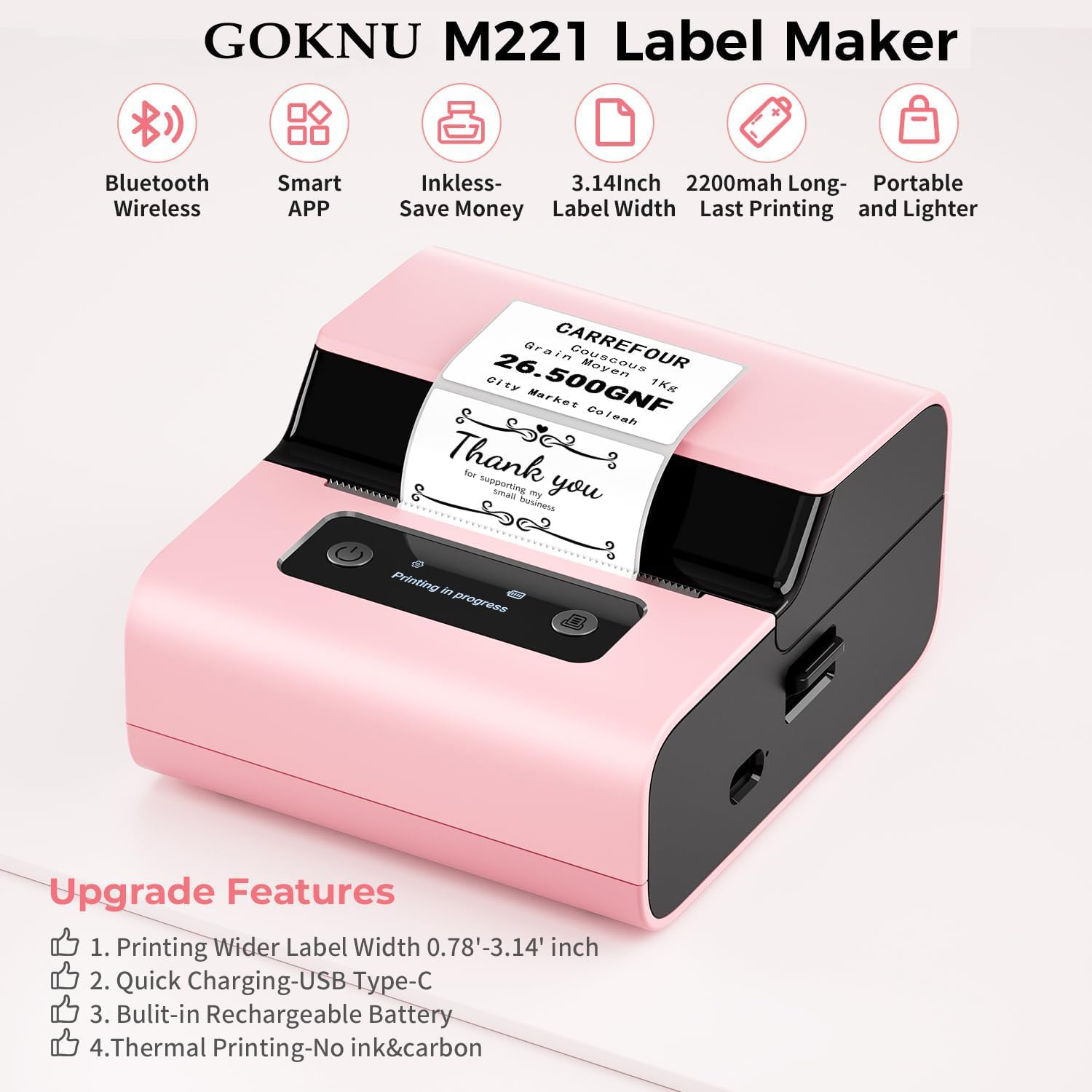 M221 Label Maker - 3 Inch Pink Bluetooth Thermal Label Printer for Small Business, Crafts, Clothing & Food Packaging | Portable, Easy to Install | Works with Phone & PC | Includes 3 Roll Paper Set | Perfect for Retail, Shipping & Organization