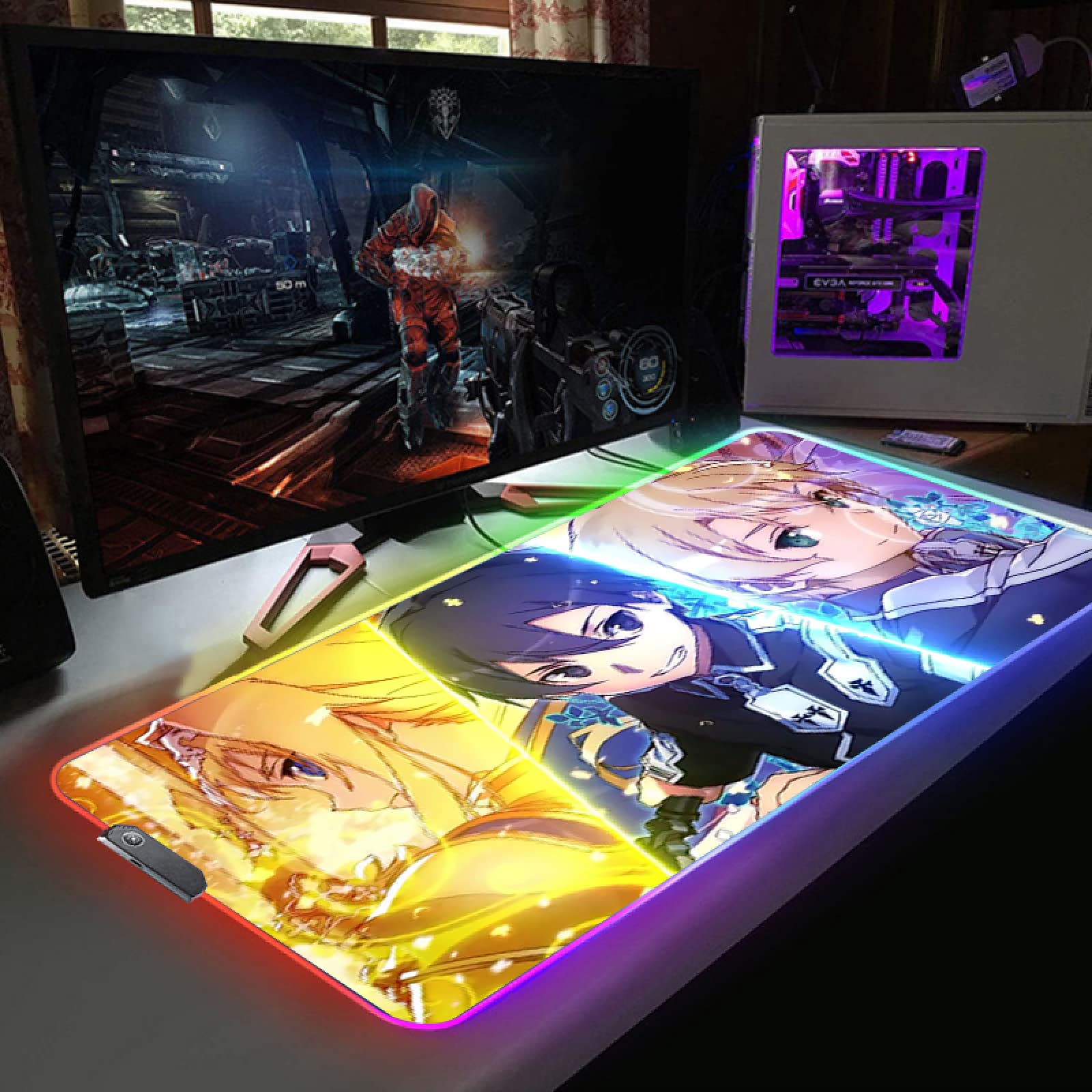 Anime Sword Art Kirito RGB Gaming Mouse Pad - Large 19.7x39.3 Inch LED Mousepad with Stitched Edge & Non-Slip Rubber Base for Computer, Laptop, Keyboard - Perfect for Gaming Setup, Office Work & Anime Decor