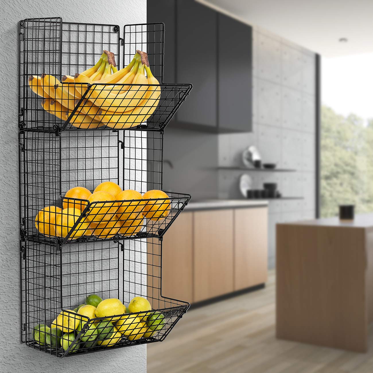 Sorbus 3-Tier Hanging Wall Mounted Wire Metal Basket Organizer - Kitchen Storage for Fruits, Vegetables, Potatoes & Onions - Bathroom Tower Storage Solution (Black) | Perfect for Small Space Organization & Produce Display