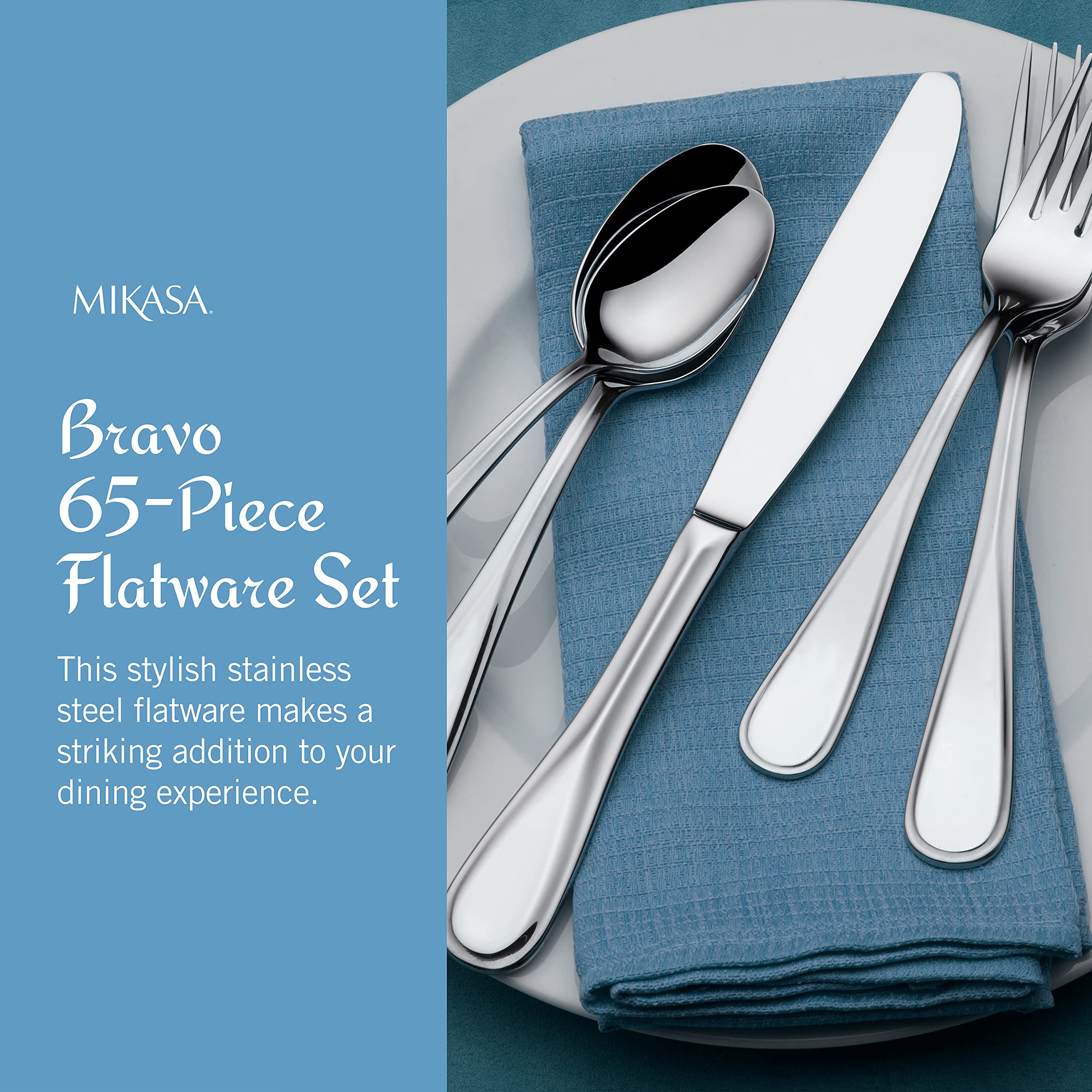 Premium Mikasa Bravo 65-Piece Flatware Set for 12 - 18/10 Stainless Steel Silverware with Serving Utensils - Elegant Dinnerware for Formal Dining, Weddings & Entertaining