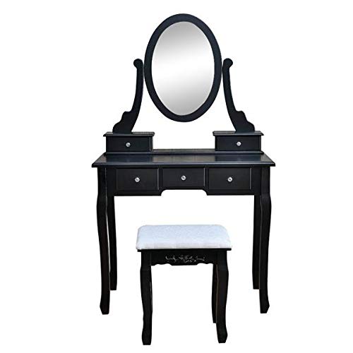 DAVEBELLA Black 360° Rotating Mirror Vanity Dressing Table with 5 Drawers - Perfect for Bedroom Makeup, Salon Styling & Home Decor