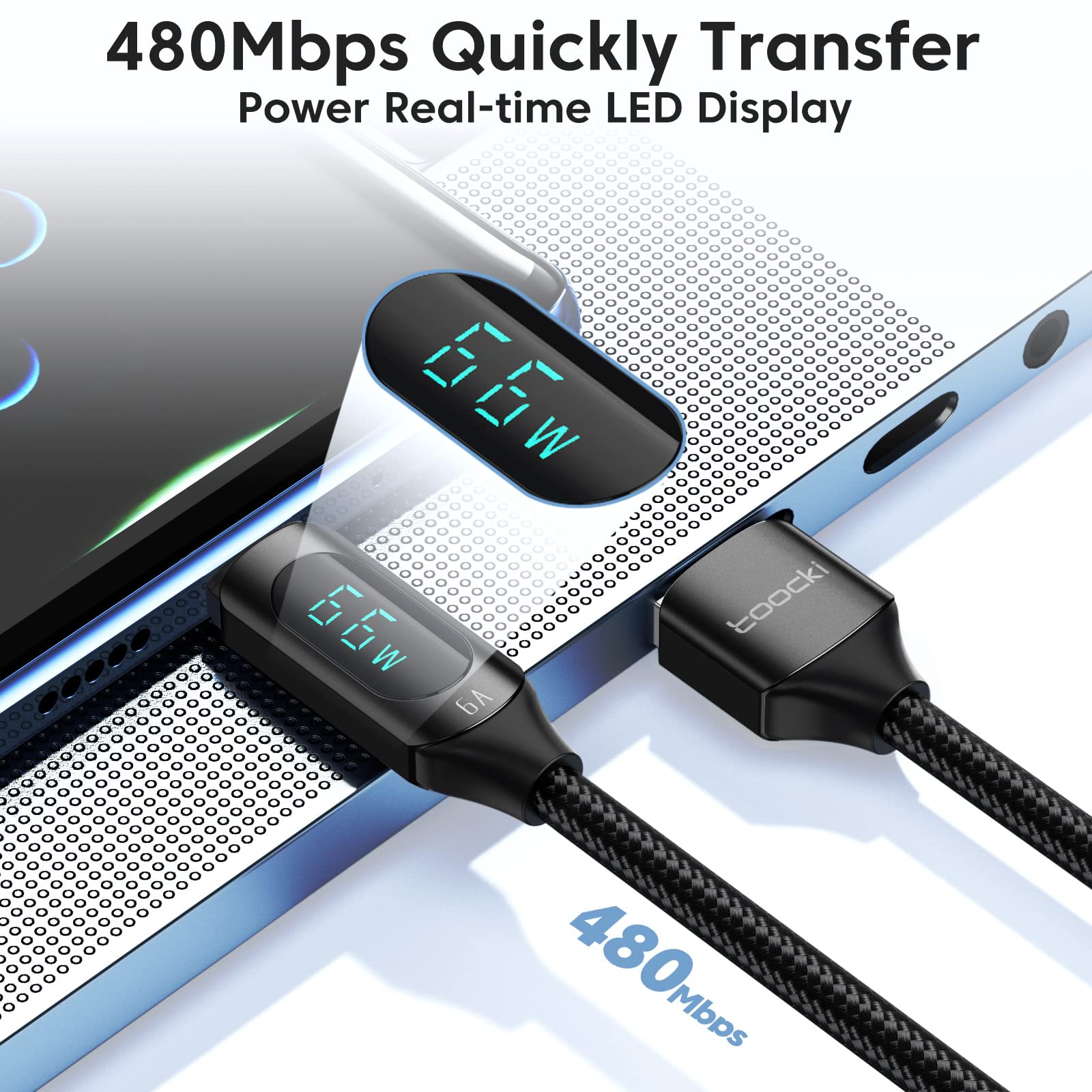 Fast Charging USB A to USB C Cable 5A PD 100W 6.6FT with LED Display | 480Mbps Data Transfer | Nylon Braided for iPhone 15 Pro Max, Galaxy, iPad, MacBook | Durable & Tangle-Free | Perfect for Home, Office & Travel Charging (Black)