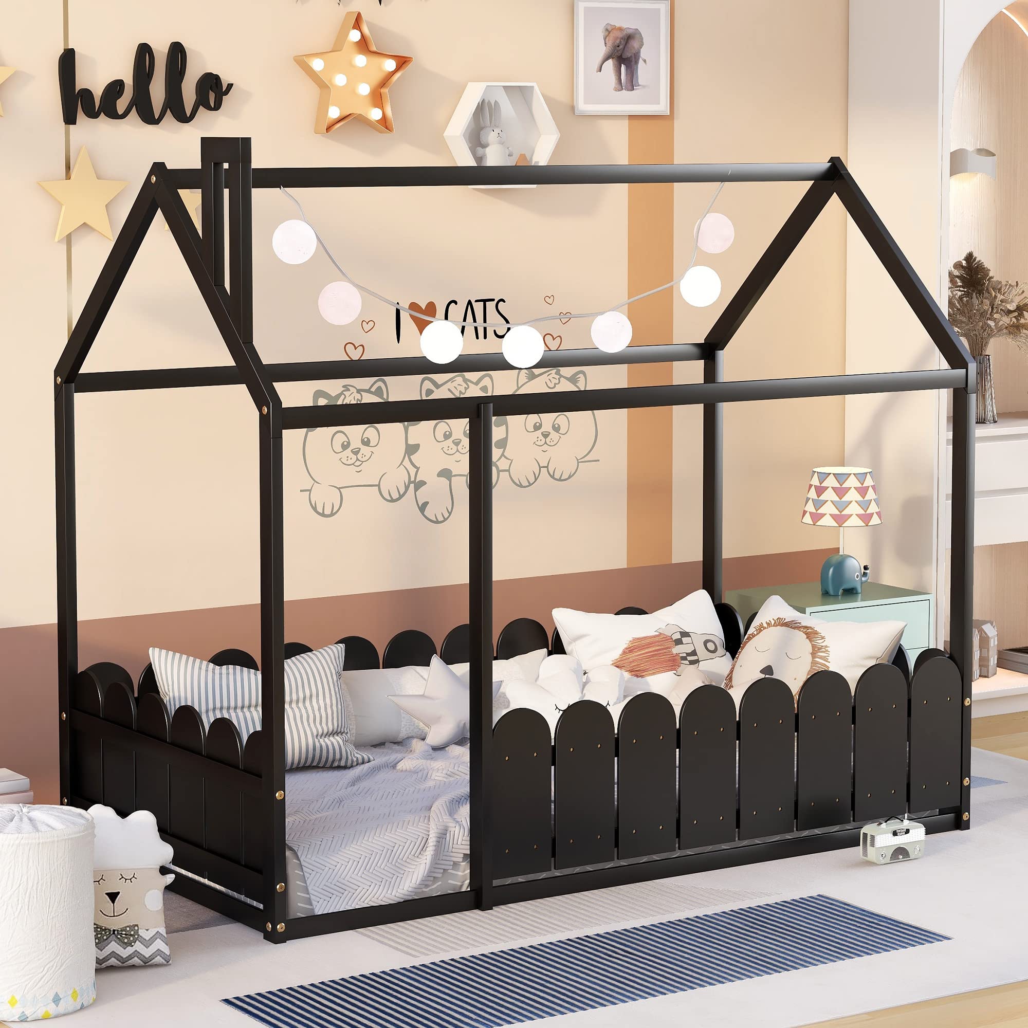 Harper & Bright Designs Twin Size Kids Bed Frame - Pine Wood Roof, Fence-Shaped Guardrails, Cabin & Floor Bed for Children & Teens (Espresso) - Perfect for Small Bedrooms, Playrooms & Sleepovers
