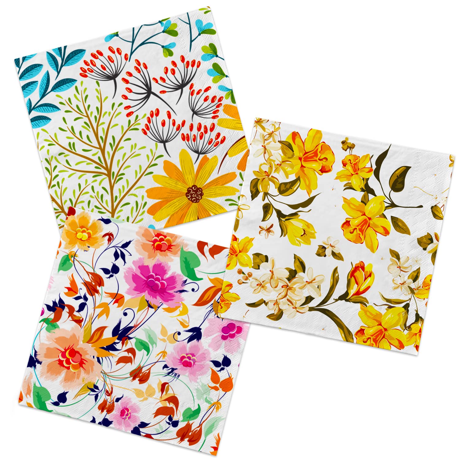 Floral Print Disposable Paper Napkins - 3-Ply, 3 Styles, 60 Pack for Picnic, Wedding, Anniversary, Birthday, Baby Shower & Party Decorations - Elegant Table Setting for Any Celebration