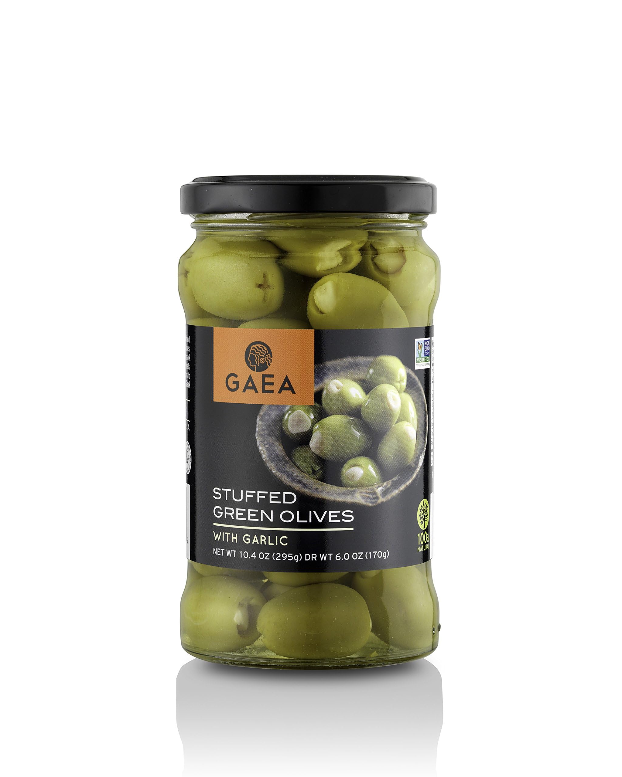 Gaea Garlic Stuffed Green Olives - 10.4 oz (295g) - Premium Mediterranean Olives for Charcuterie Boards, Salads & Cocktails