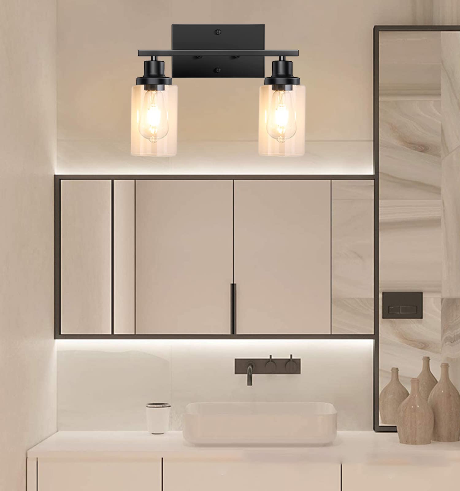 Modern Black 2-Light Bathroom Vanity Light with Glass Shade - Mirror Lighting for Bathroom & Bedroom