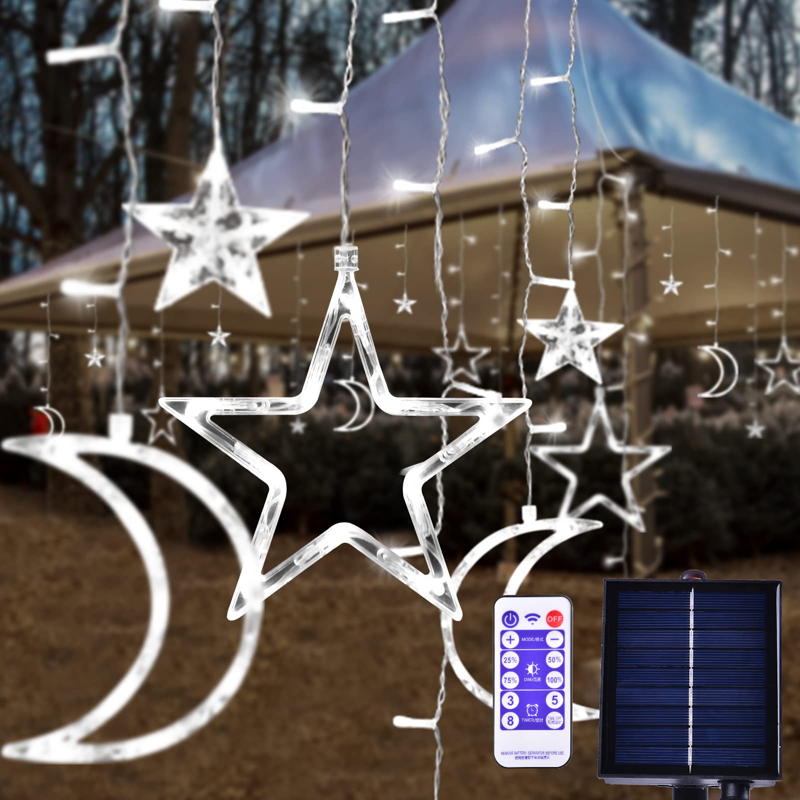 138 LED Solar Ramadan Lights - Waterproof Moon & Star String Lights for Outdoor - 8 Lighting Modes - Perfect for Ramadan, Eid, Christmas, Patio, Garden & Home Decor (Cold White)