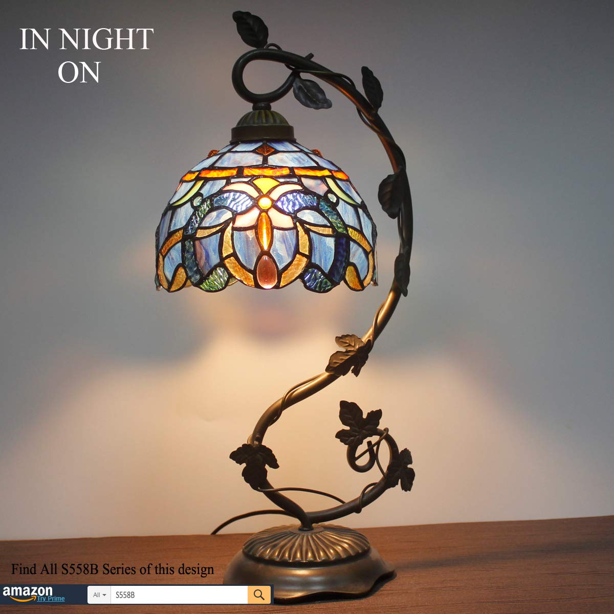 Tiffany Lamp Cloudy Blue Stained Glass Table Lamp with Metal Leaf Base - 8x10x21 Inch Reading Desk Light for Bedroom, Office & Small Spaces | Home Decor & Ambient Lighting | S558 Series