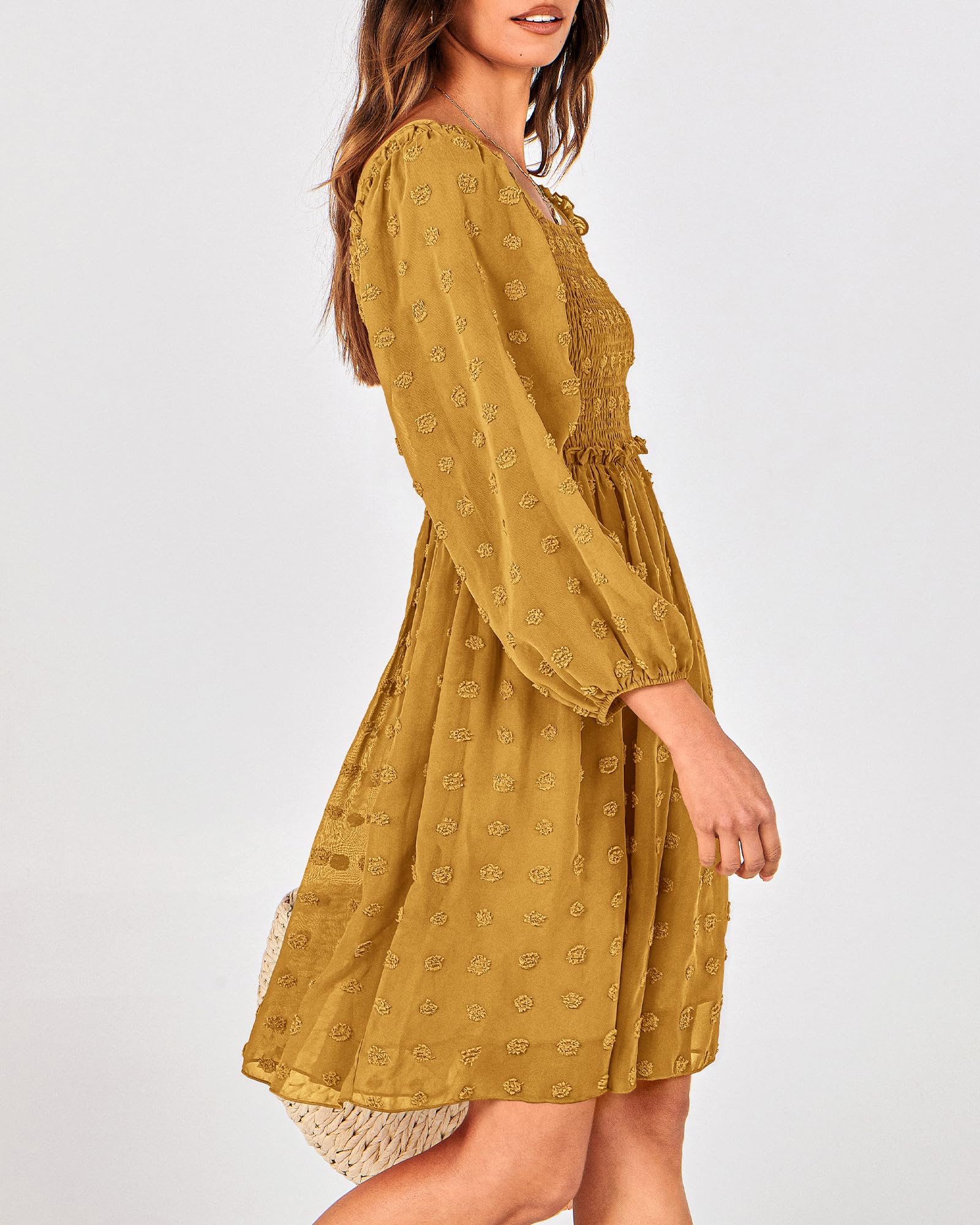 BTFBM Women's Floral Swiss Dot Smocked Mini Dress - Square Neck Long Sleeve Boho Dress for Wedding Guest, Spring & Summer 2025 | Perfect for Garden Parties, Bridal Showers & Date Nights