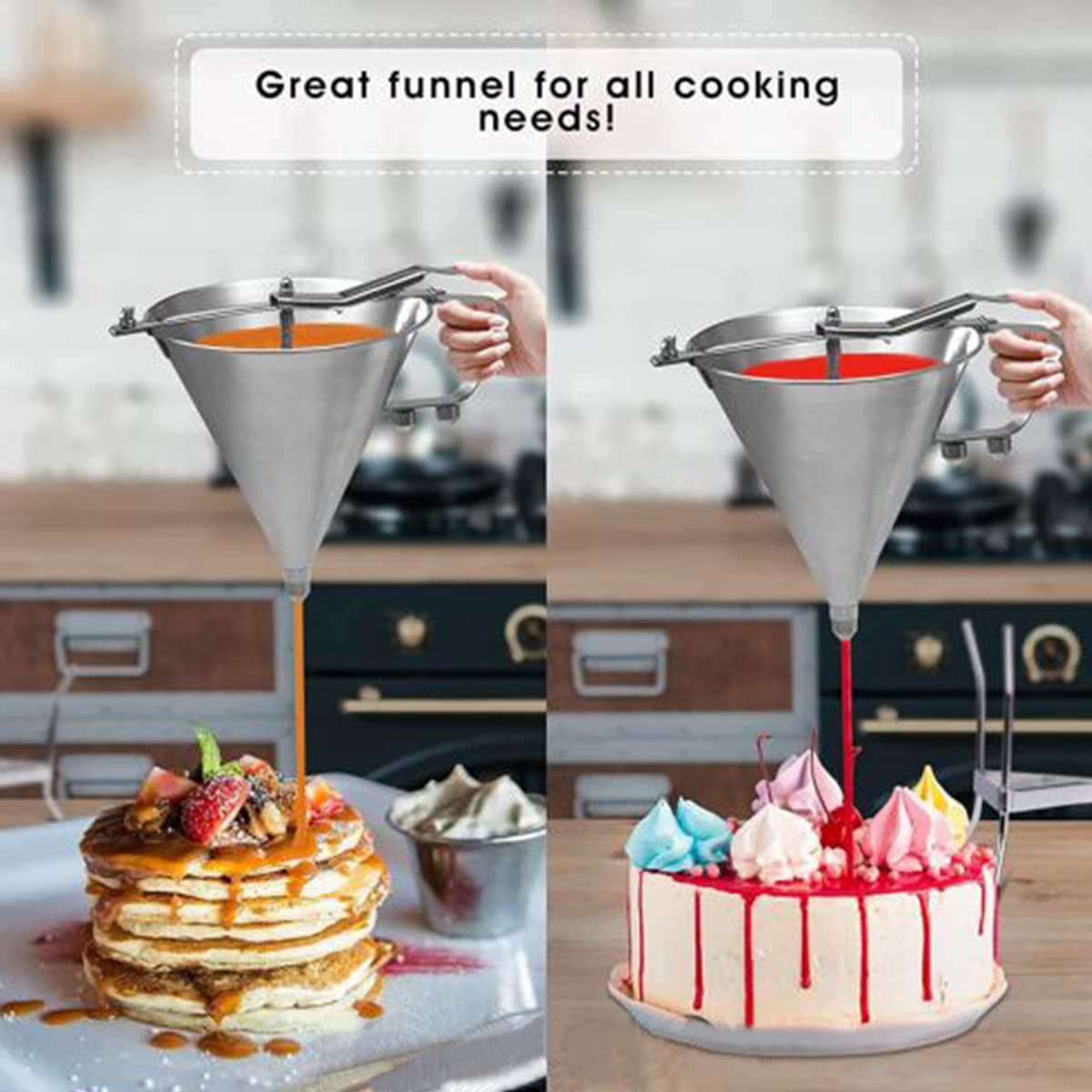 Stainless Steel Pancake Batter Dispenser with Stand - 3 Nozzles Funnel Cake Maker for Pancakes, Waffles, Cupcakes & Takoyaki - 61oz Commercial Grade Confectionery Piston Funnel - Perfect for Breakfast, Desserts & Street Food Stalls