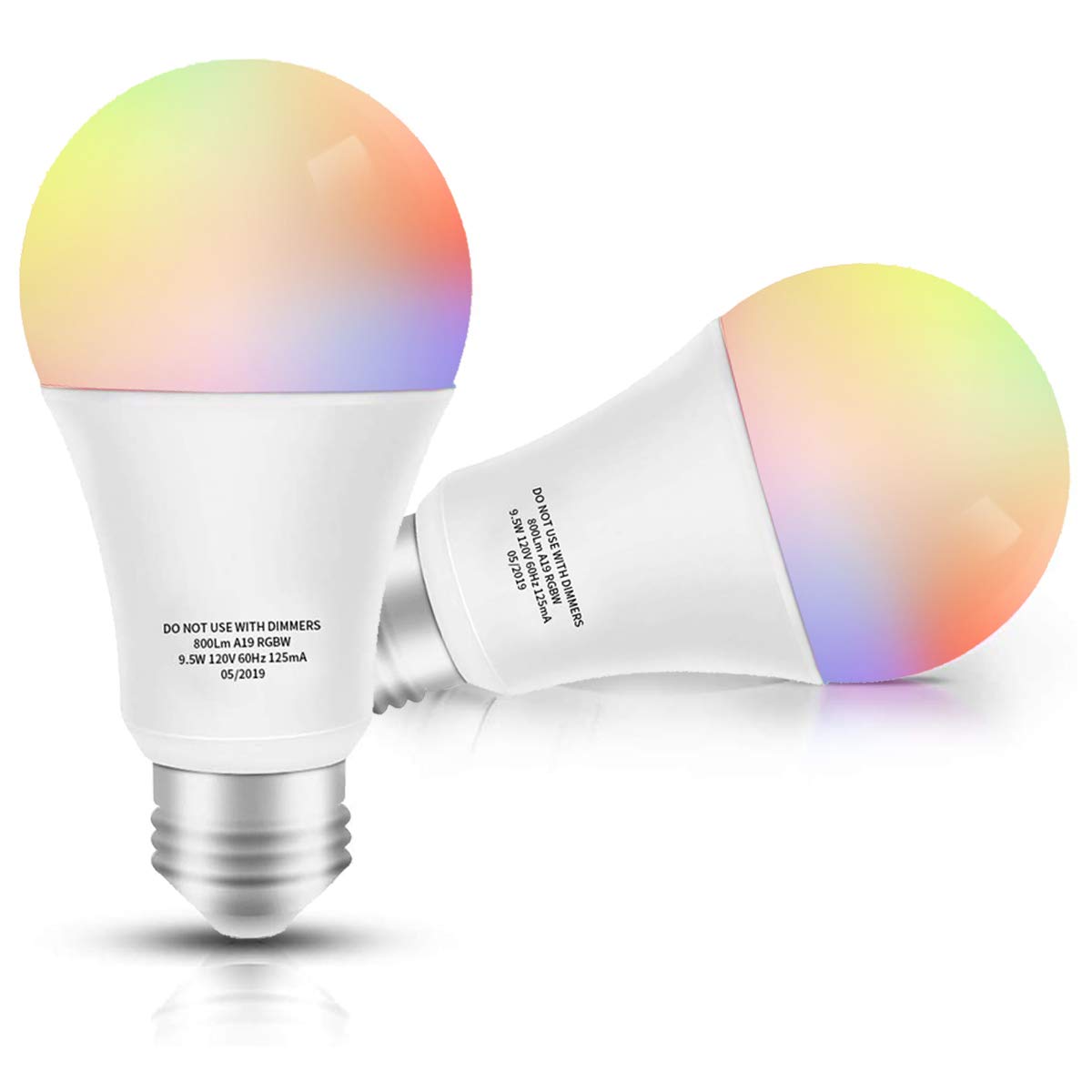 Smart LED Bulb WiFi Multicolor Light Bulb - 2 Pack, E26 A19 60W Equivalent, RGBW Color Changing & Dimmable Warm to Cool White (2700K-5500K), Works with Alexa, Google Home & Echo (No Hub Required), UL Listed - Perfect for Bedroom, Living Room & Smart Home Lighting