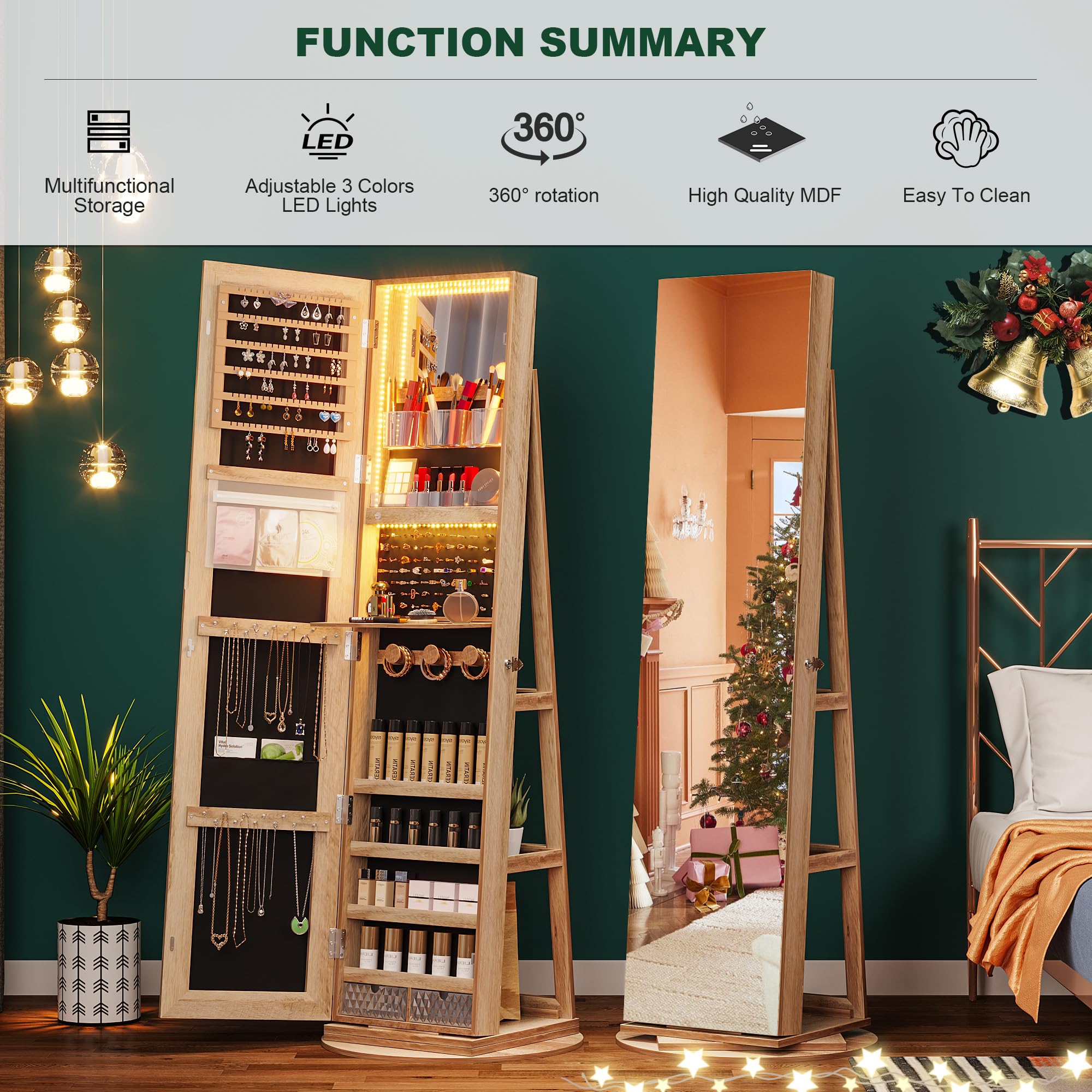 360° Swivel Jewelry Cabinet with LED Lights - Standing Jewelry Armoire Organizer with Full Length Mirror & Lockable Storage | Wooden Jewelry Box for Bedroom, Closet & Dressing Room Organization