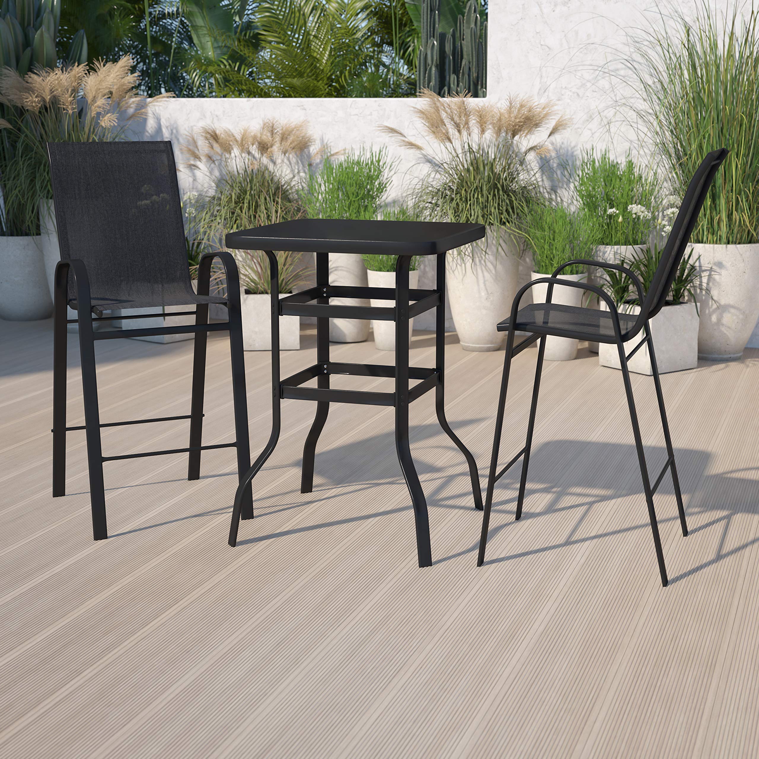 3-Piece Glass Bar Table Set with 2 Black Patio Bar Stools - Modern Outdoor Dining Furniture for Patio, Garden, Poolside & Backyard Entertaining
