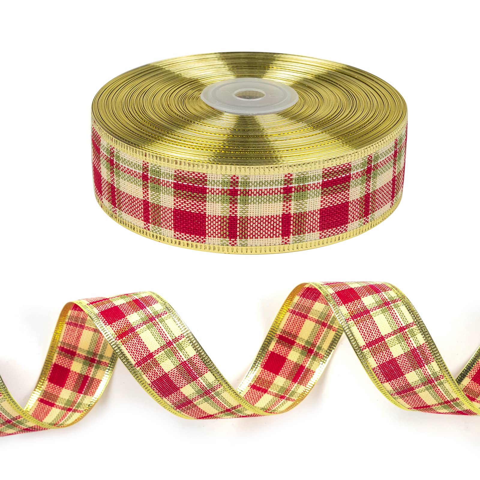 LaRibbons Wired Christmas Holiday Ribbon - Red & Green Plaid with Gold Wired Edge - 1.5