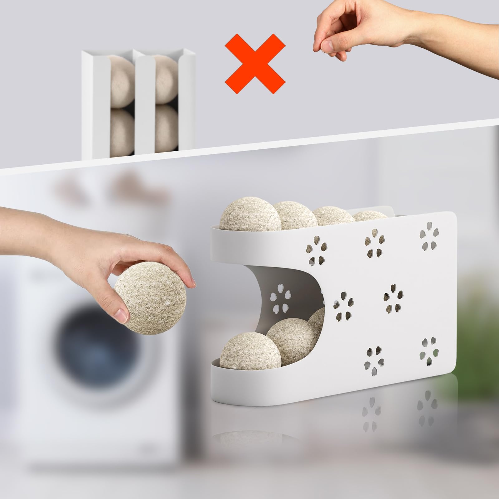 Magnetic Dryer Ball Holder for Laundry Room - Automatic Dryer Ball Roller Chute Container & Organizer - White Dryer Ball Storage Basket (No Balls Included) - Perfect for Organizing Laundry Room & Keeping Dryer Balls Handy