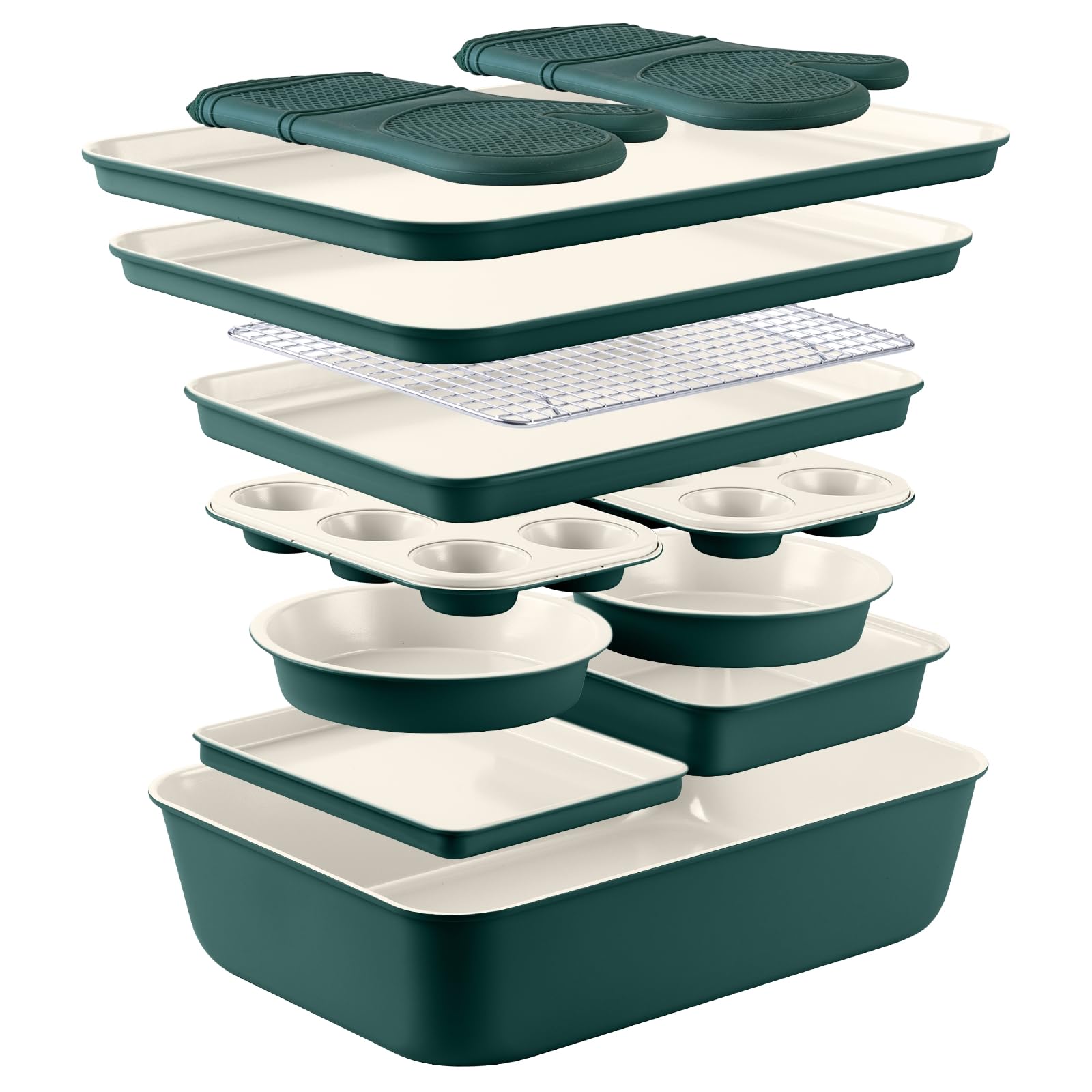 Nonstick Stackable Bakeware Set - 13-Piece Durable & Easy Release Country Kitchen Baking Set in Sage Green | Perfect for Cakes, Cookies, Bread & Holiday Baking