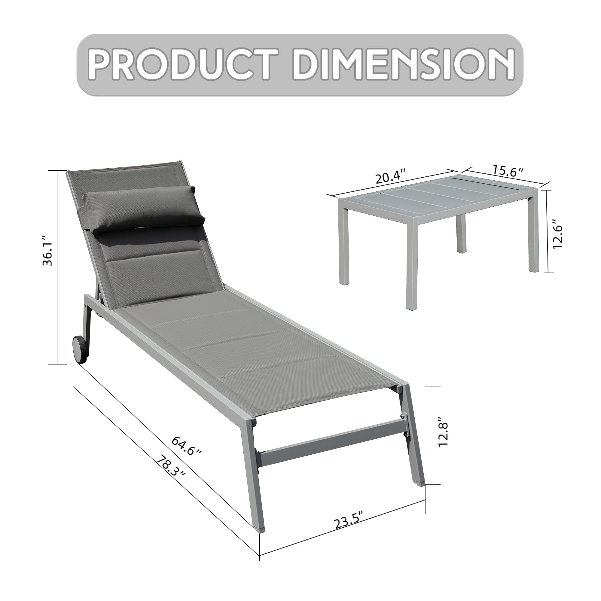 Domi 3-Piece Outdoor Chaise Lounge Set - Aluminum Pool Chairs with Wheels & Side Table for Poolside, Beach, Yard